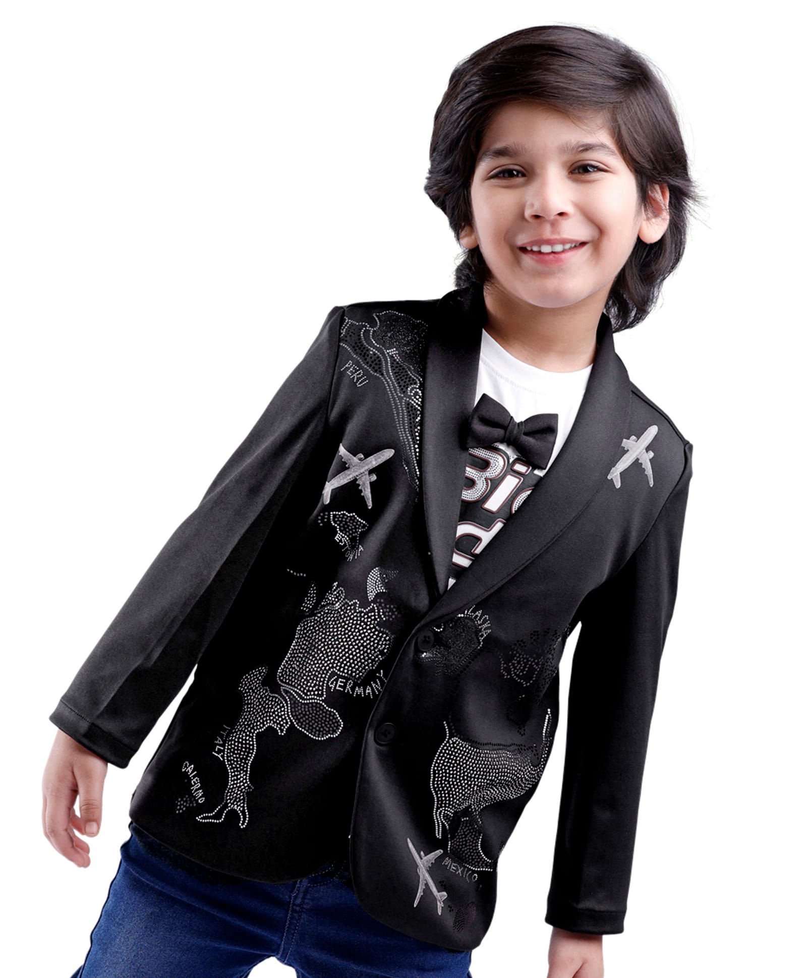 Babyhug Woven Half Sleeves Text Printed T-Shirt & Full Sleeves Blazer With Bow Applique & Glitter Print - Black-picture-14