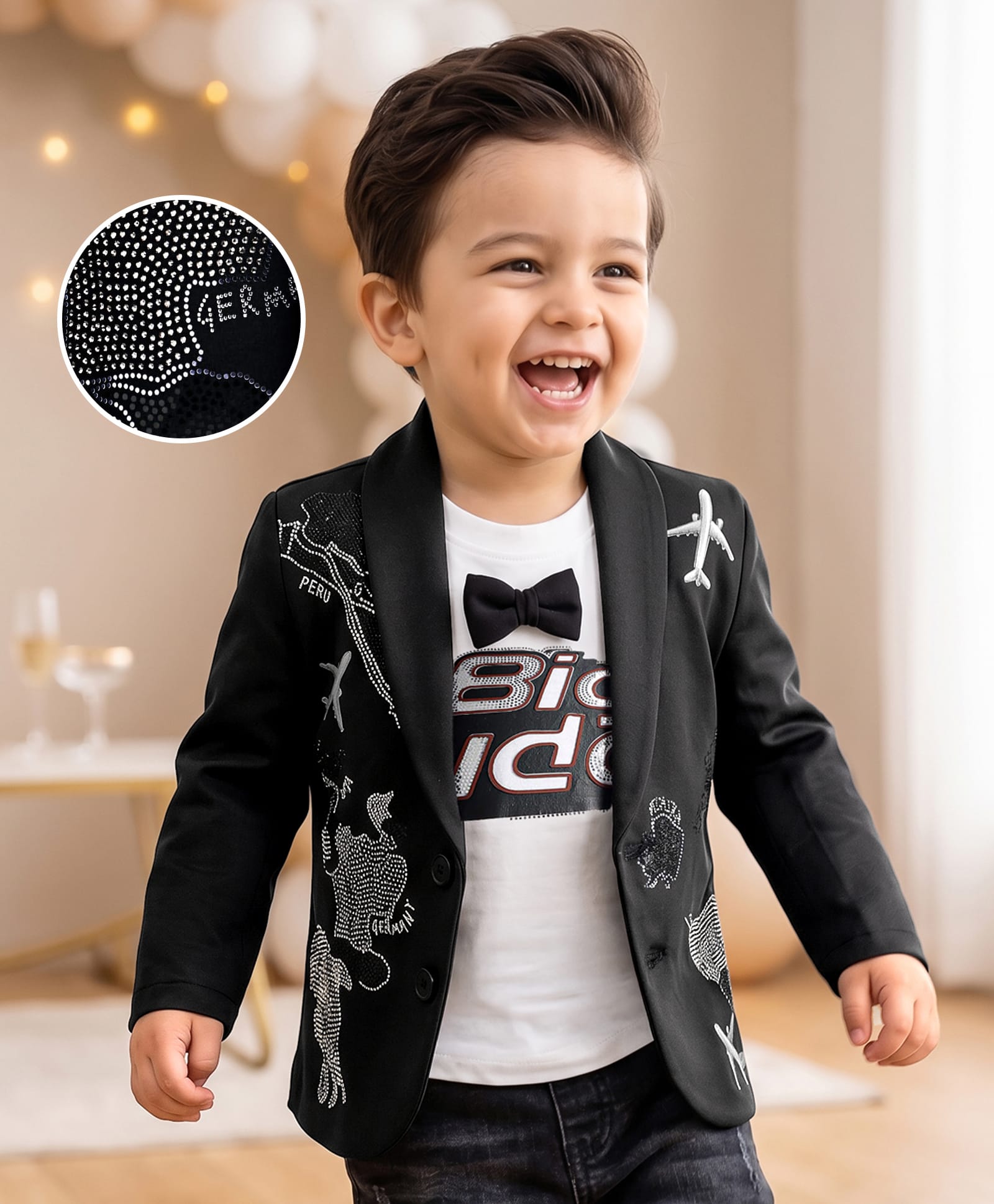 Babyhug Woven Half Sleeves Text Printed T-Shirt & Full Sleeves Blazer With Bow Applique & Glitter Print - Black-image-24