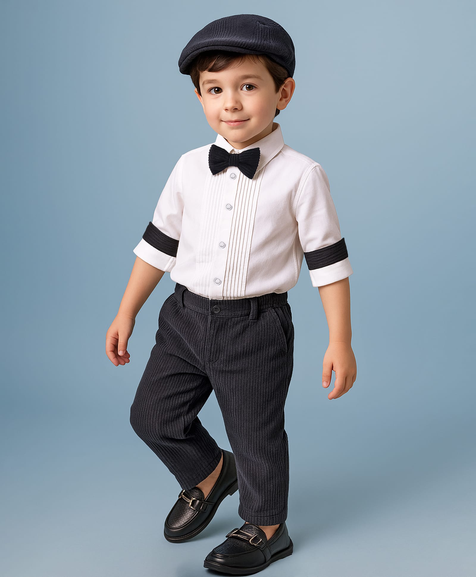 Babyhug Knit Half Sleeves Solid Colour Shirt & Trouser Set With Bow & Hat - White & Navy Blue-image-23