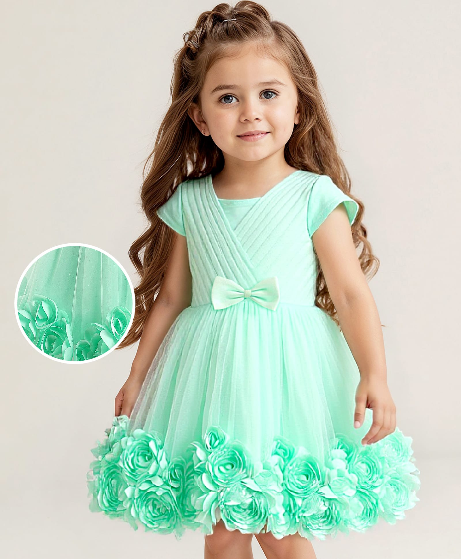 Babyhug Woven Sleeveless Party Dress With Pin Tuck DesignFloral Corsage & Bow Applique - Light Green-image-12