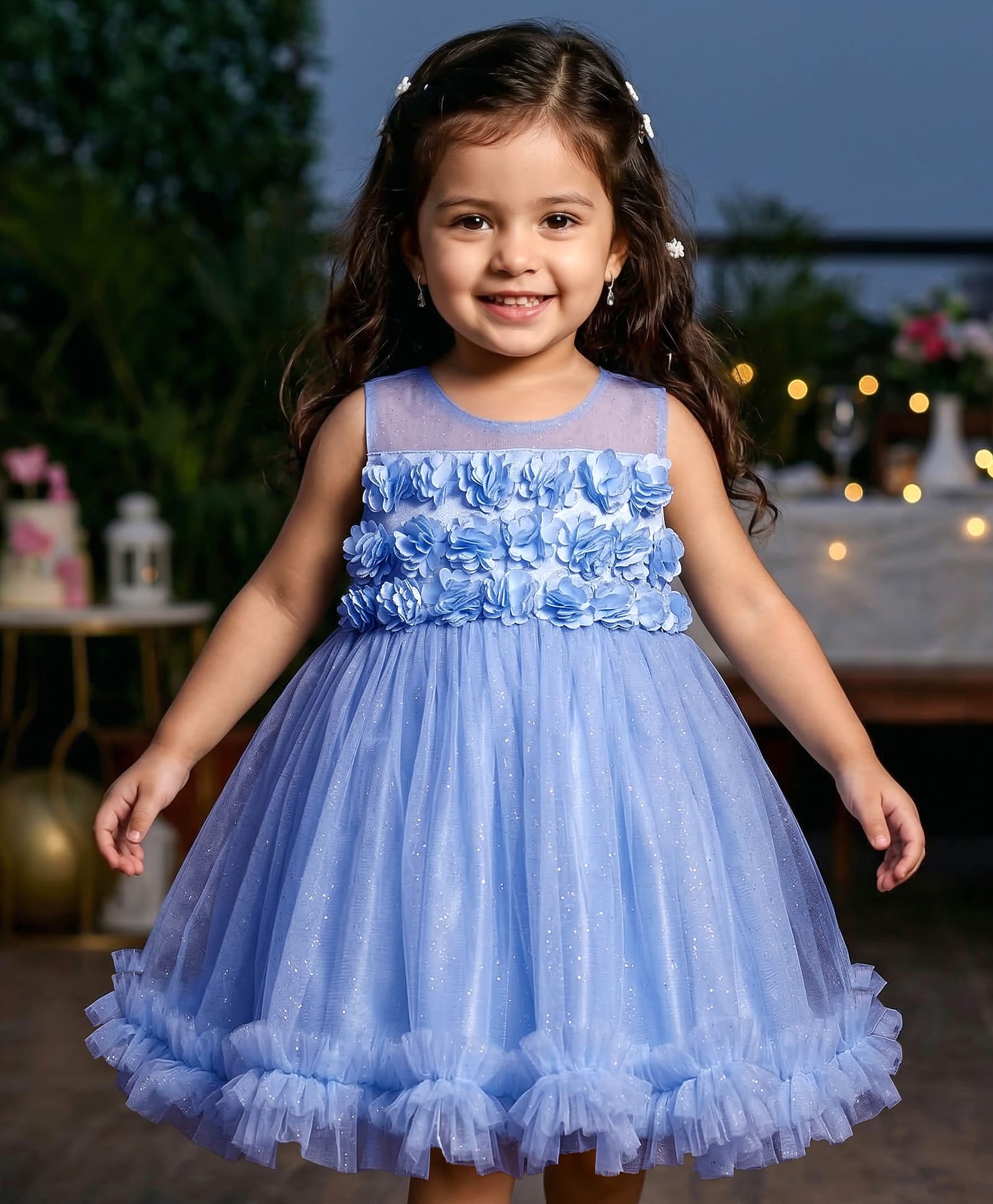 Babyhug Woven Sleeveless ShimmeredFit & Flared Party Dress with Floral Appliques on Yoke & Frill Detailing- Light Blue-image-46