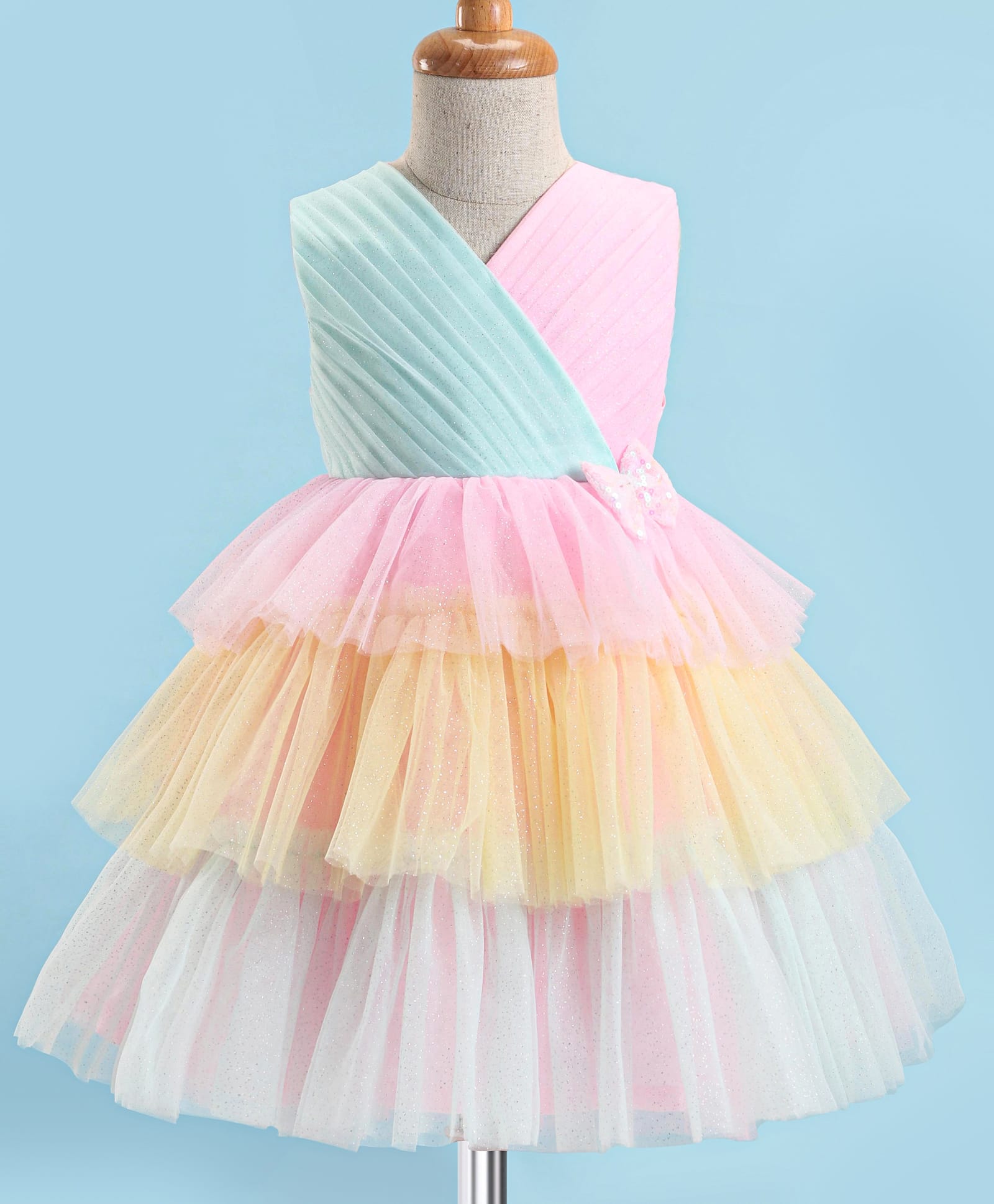 Babyhug Woven Sleeveless Party Dress With Glitter Print & Bow Applique - Pink-picture-39