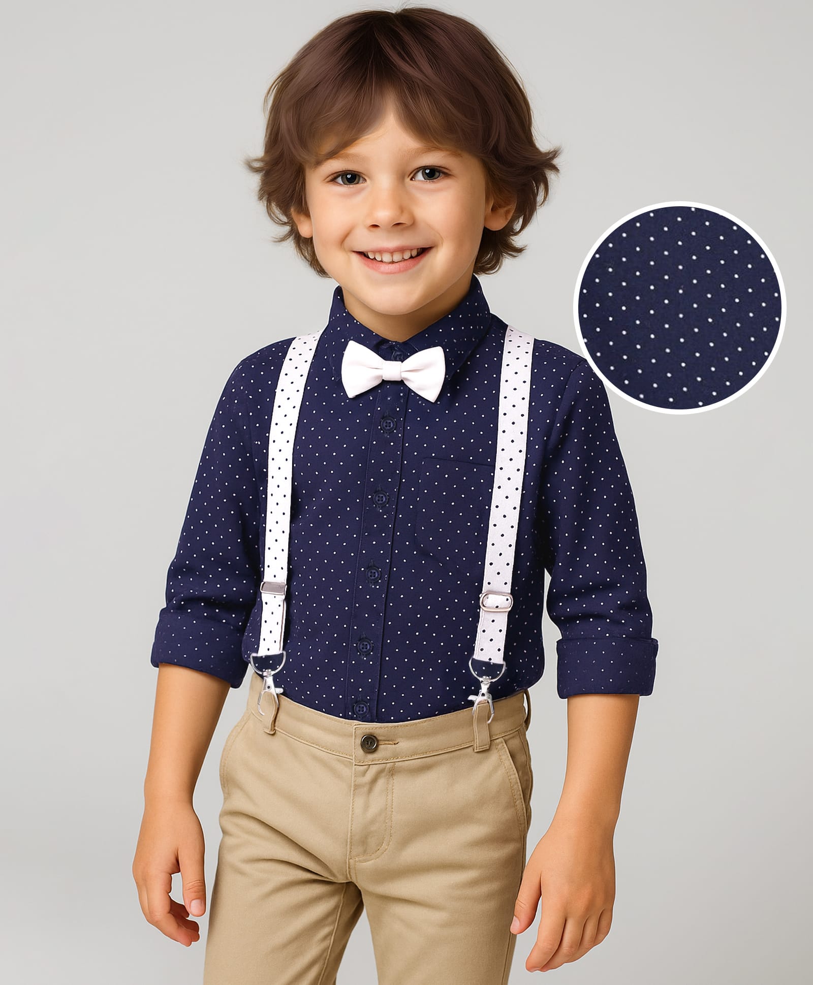 Babyhug Woven Full Sleeves Polka Dots Printed Party Shirt with Bow & Suspender - Navy Blue-image-40