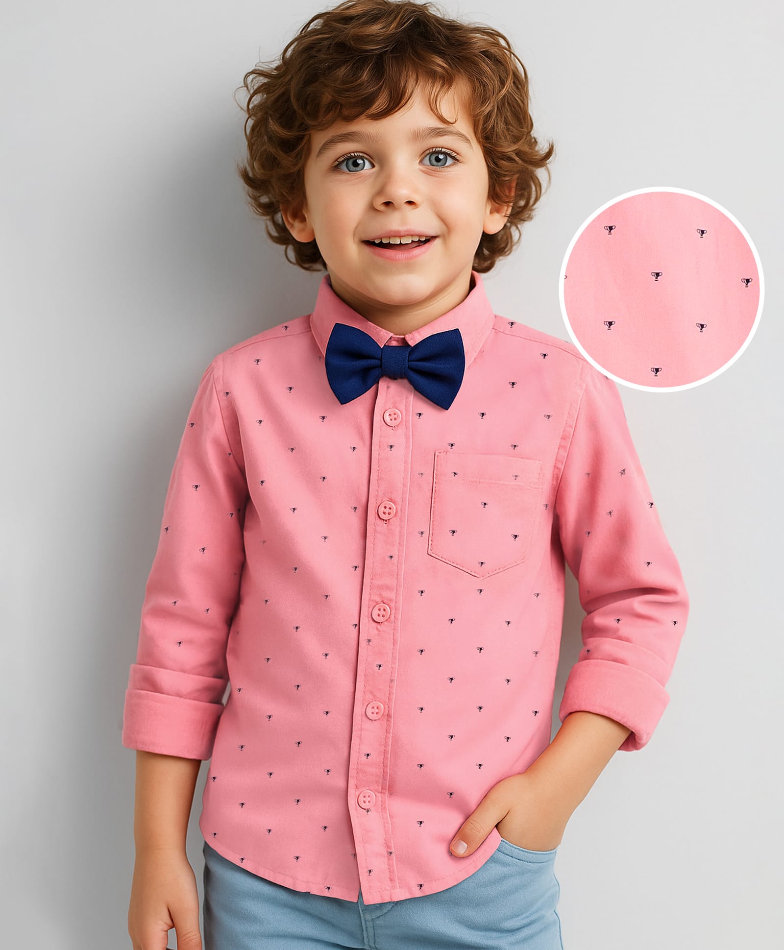 Babyhug Woven Full Sleeves Trophy Printed Party Shirt with Bow - Light Red-image-22