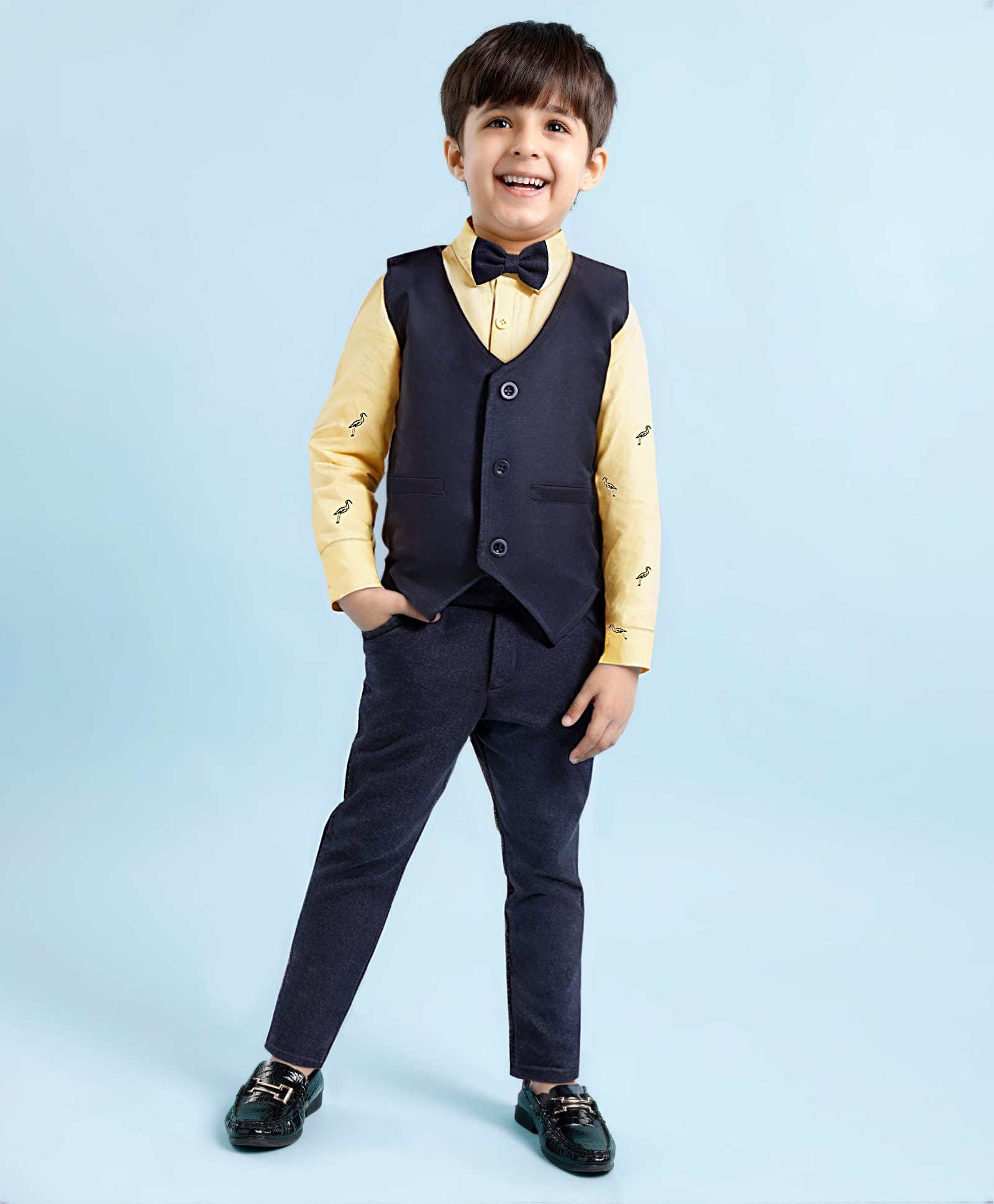 Babyhug Woven Full Sleeves 3 Piece Party Suit With Bird Print & Bow - Mustard & Navy Blue-image-29