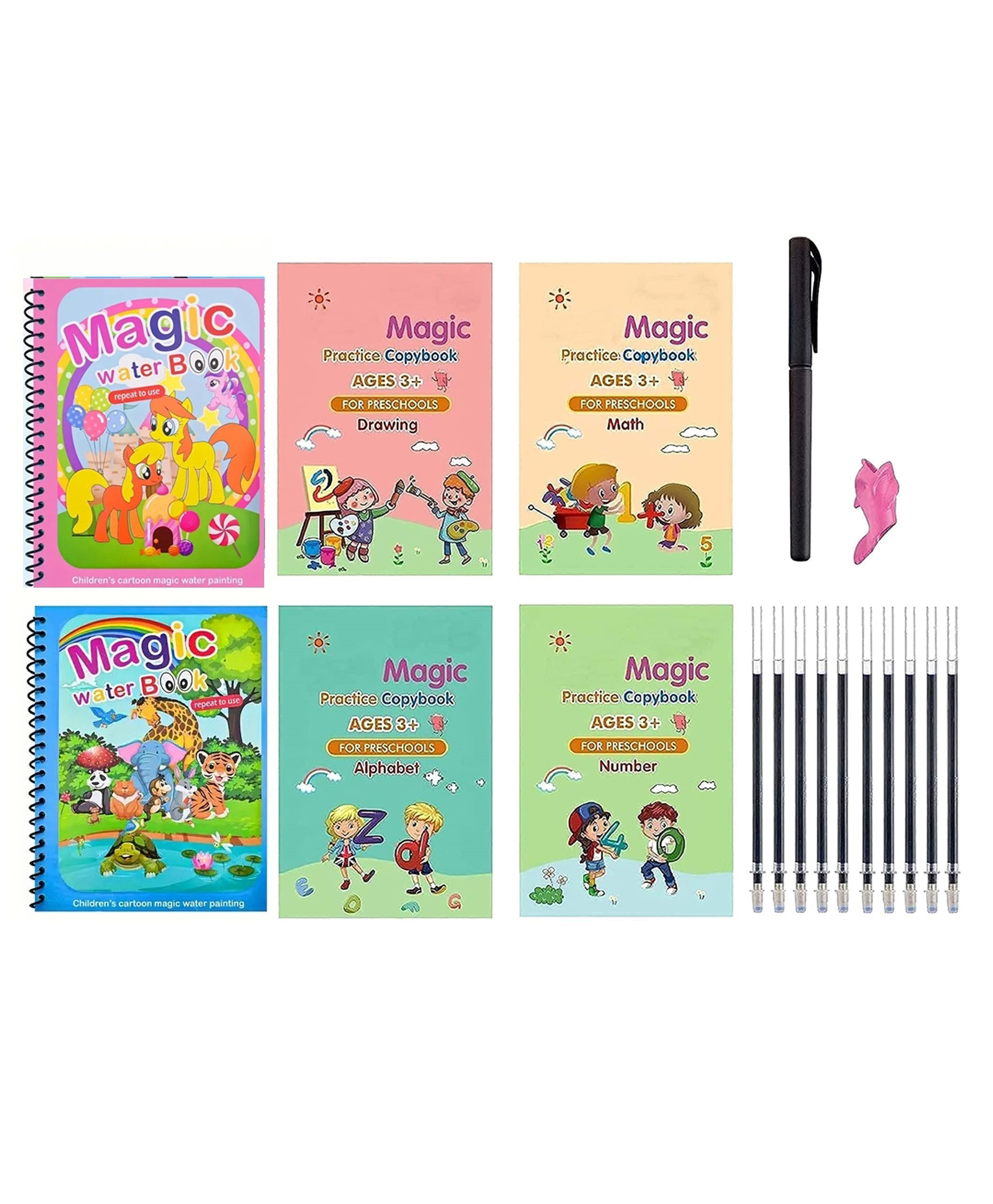 MUREN Combo Pack Reusable Magic Water and Magic Ink Painting Coloring Activity Book, Assorted Color and Design Pack of 6-image-39