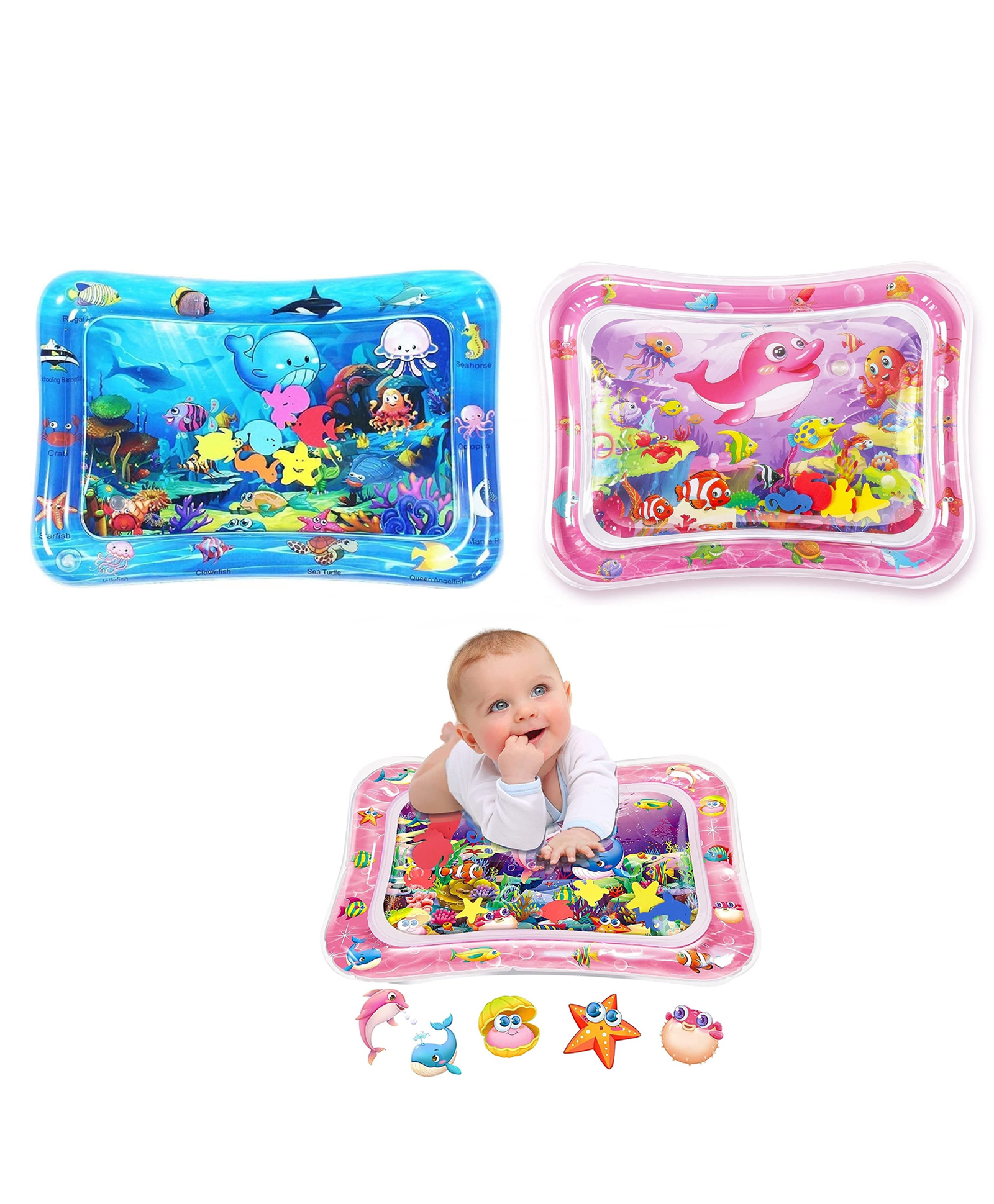 MUREN Tummy Time water Play Mat Pack of 2 ,Reusable Inflatable Mat with 5 Floating Toys, Pink and BluePack of 2-picture-1