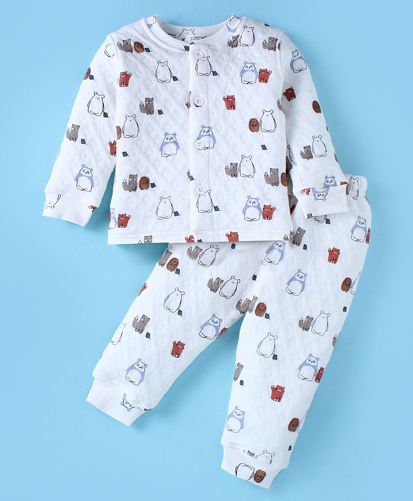 Doreme Terry Knit Full Sleeves Animal Printed Night Suit - White