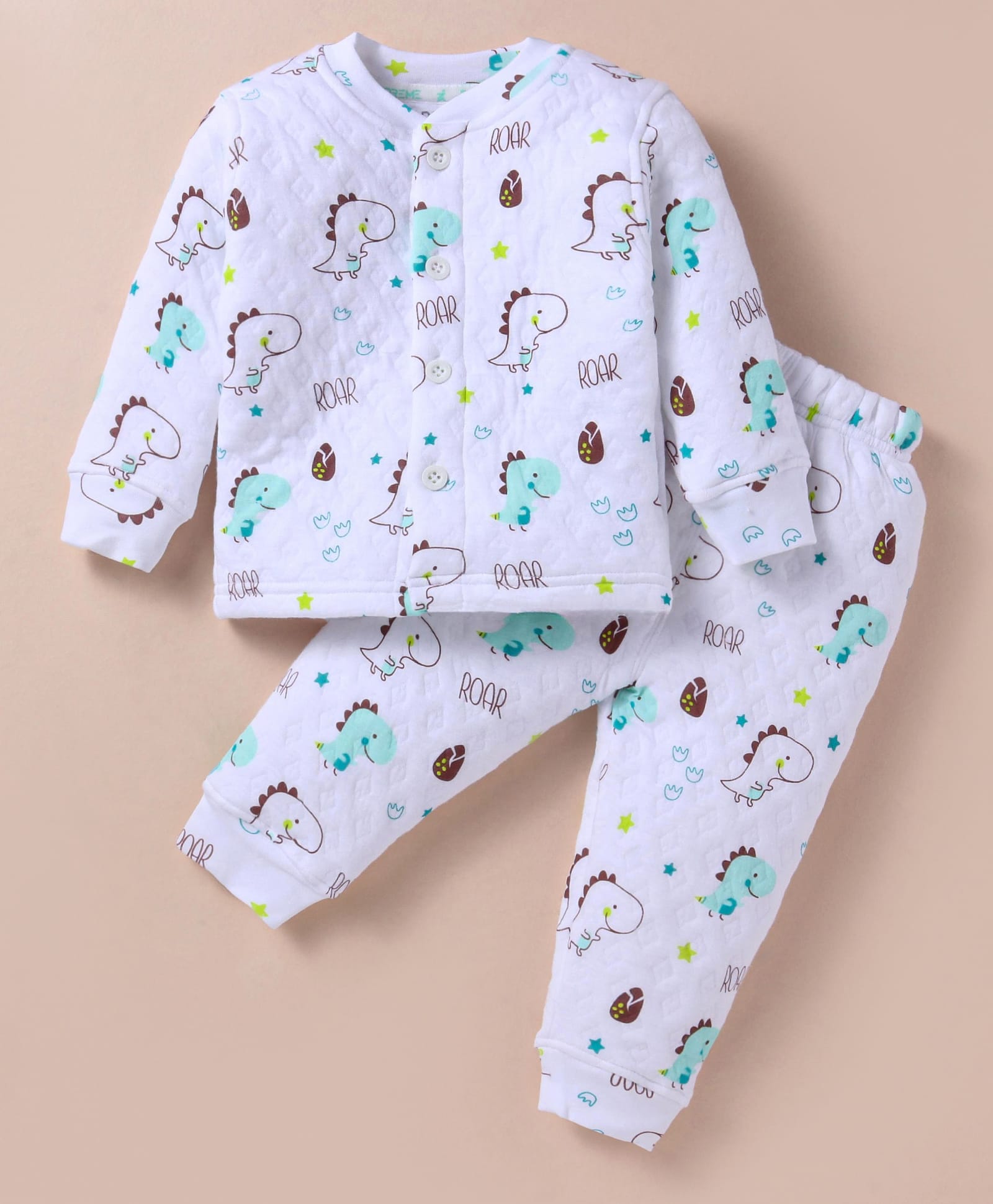 Doreme Terry Knit Full Sleeves Winter Wear Night Suit with Dino Print - White-picture-14