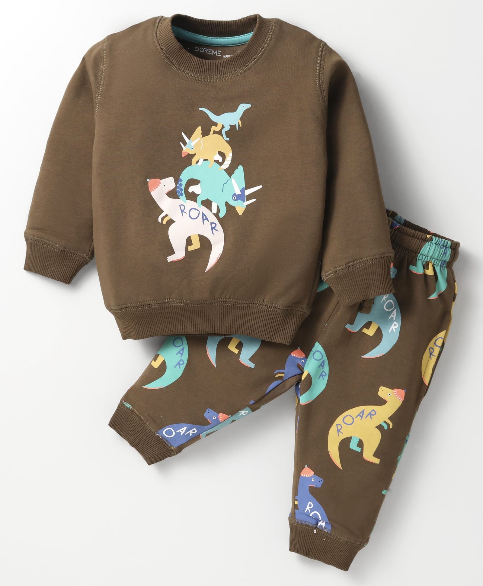 Doreme Terry Knit Full Sleeves Winter Wear Co-Ord Set With Dino Print - Tan-picture-10