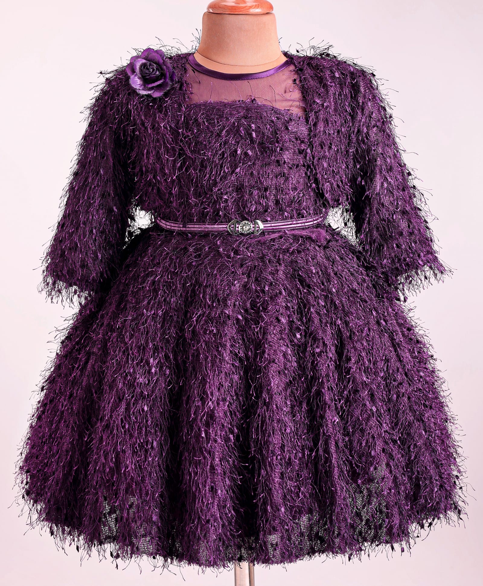 Enfance Fur Textured Floral Applique Dress With Full Sleeves Shrug - Purple-image-15