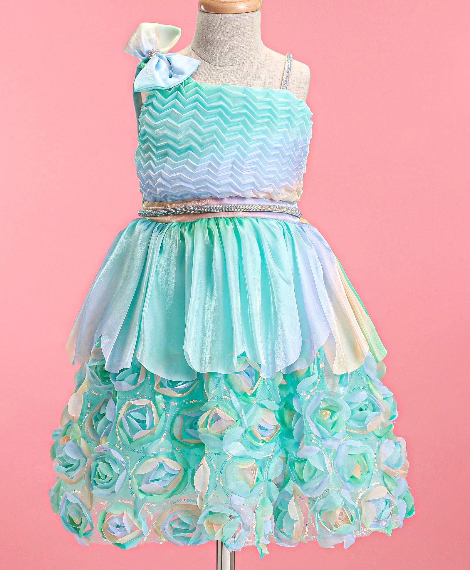 Enfance Sleeveless Floral & Bow Applique Sequin Embellished Dress - Sea Green-image-24