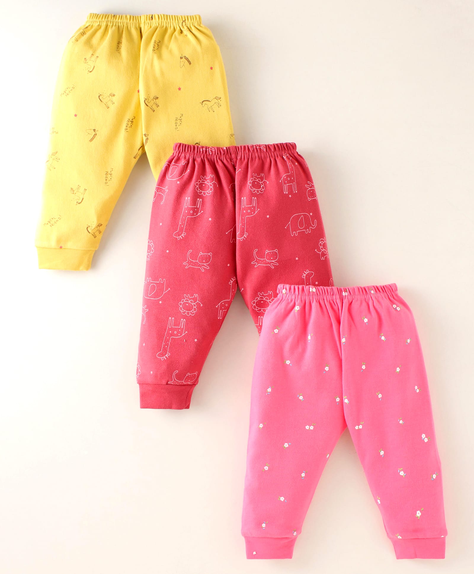 Zero Interlock Knit Full Length LoungePants with Animal & Floral Print Pack of 3 - Yellow Red & Pink-picture-23