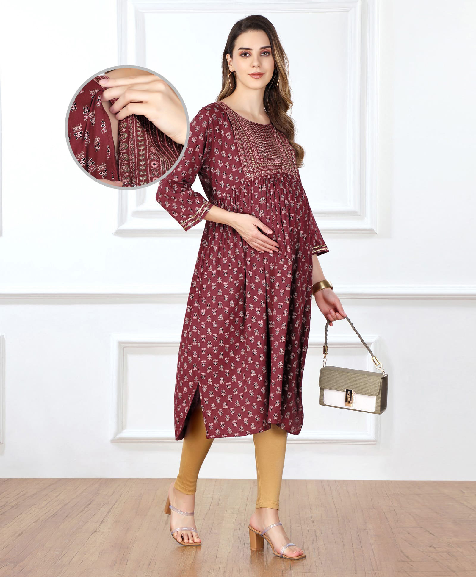 Bella Mama Woven Three Fourth Sleeves Maternity Kurta with Embroidered Neck Pocket & Nursing Access Floral Printed - Maroon
