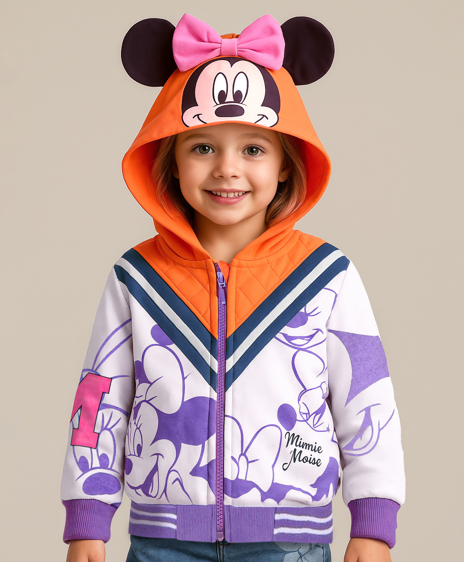 Babyhug Disney Terry Knit Full Sleeves Hooded Sweatjacket With Minnie Mouse Print 3D Ear & Bow Applique - Purple White & Orange-picture-22