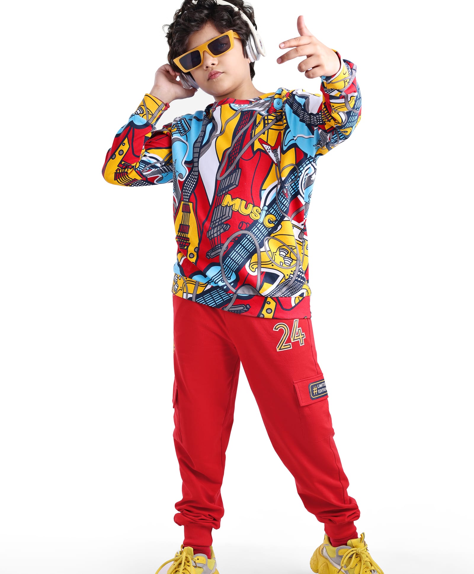 Ollington St. 100% Cotton Knit Full Sleeves Hooded Sweatshirt & Joggers Set Instrument Printed - Red-picture-27