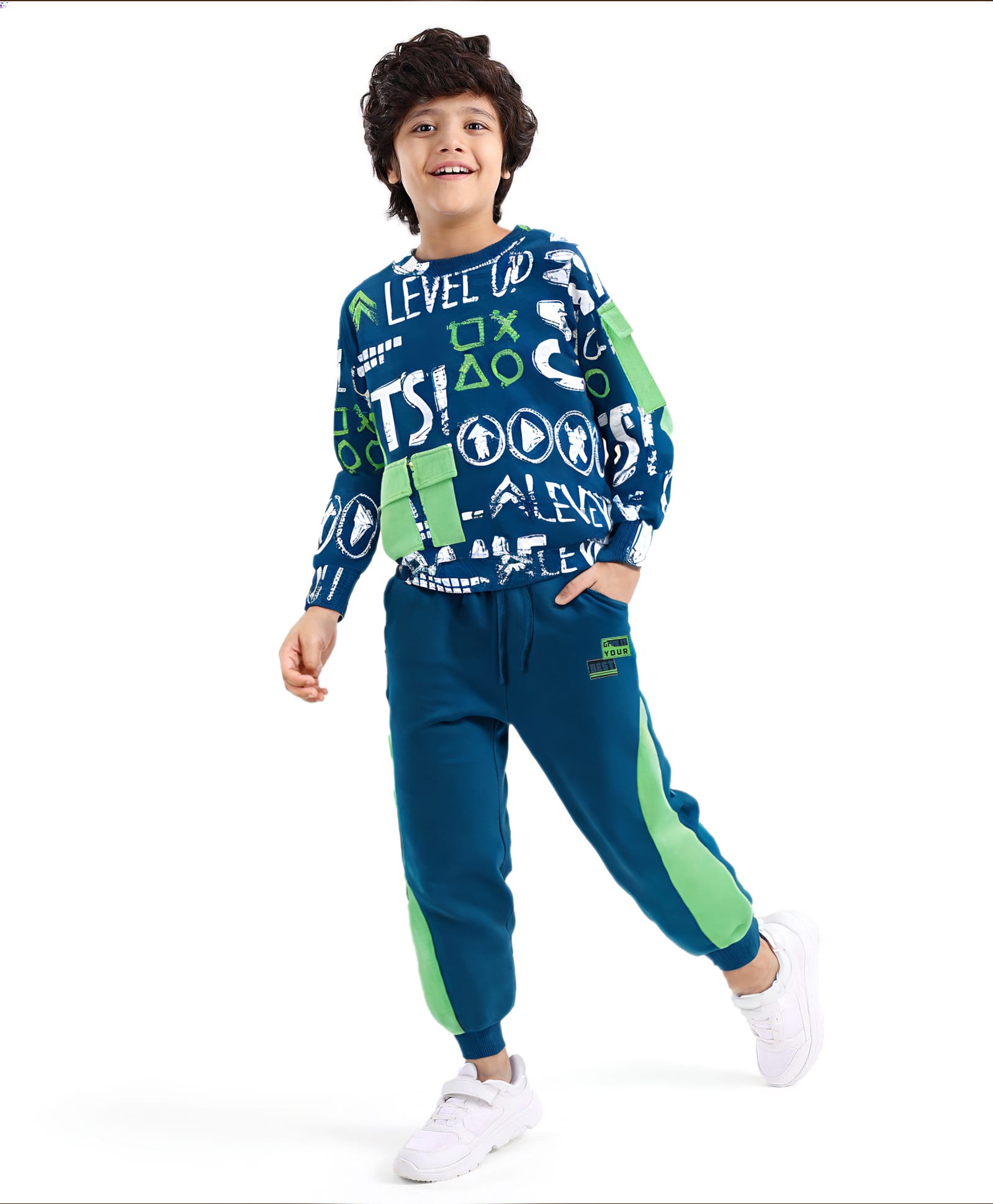 Ollington St. 100% Cotton Knit Full Sleeves Cut & Sew Design Sweatshirt & Joggers Set Text Printed - Navy Blue & Green-picture-29