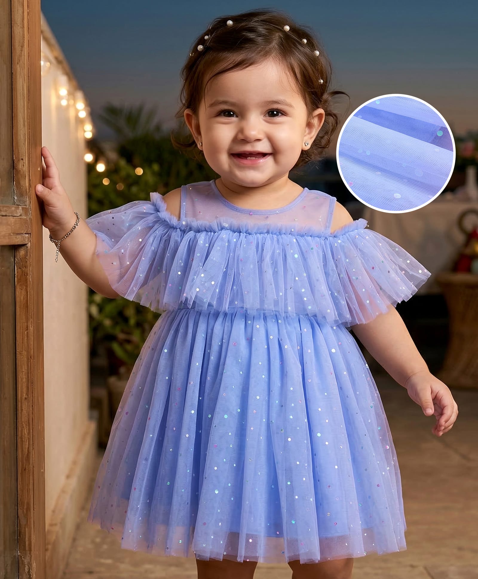 Babyhug Woven Cold Shoulder Sleeves Glitter Printed Fit & Flared Party Frock with Frill Detailing - Light Blue-image-35