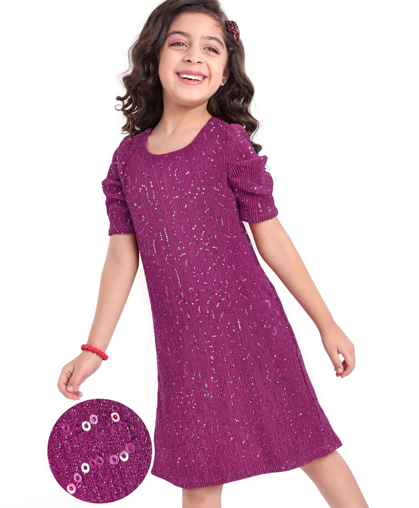 Hola Bonita Knit Half Puff Sleeves Glitter & Sequined A Line Party Frock - Purple-image-21
