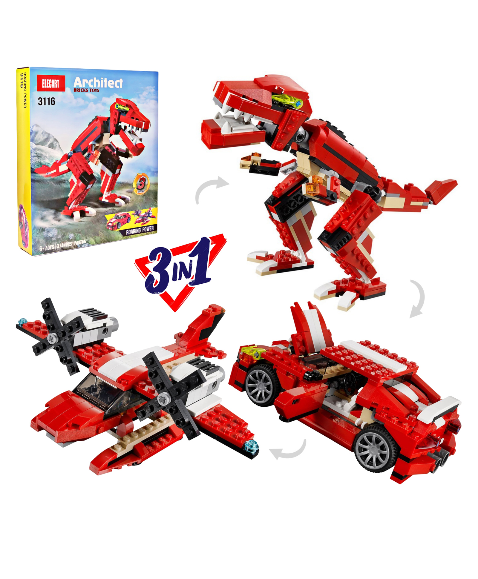 Elecart Roaring Power 3-in-1 Dinosaur Blocks Sports Car with Additional Brickable Models Ideal for Kids 6+-picture-8