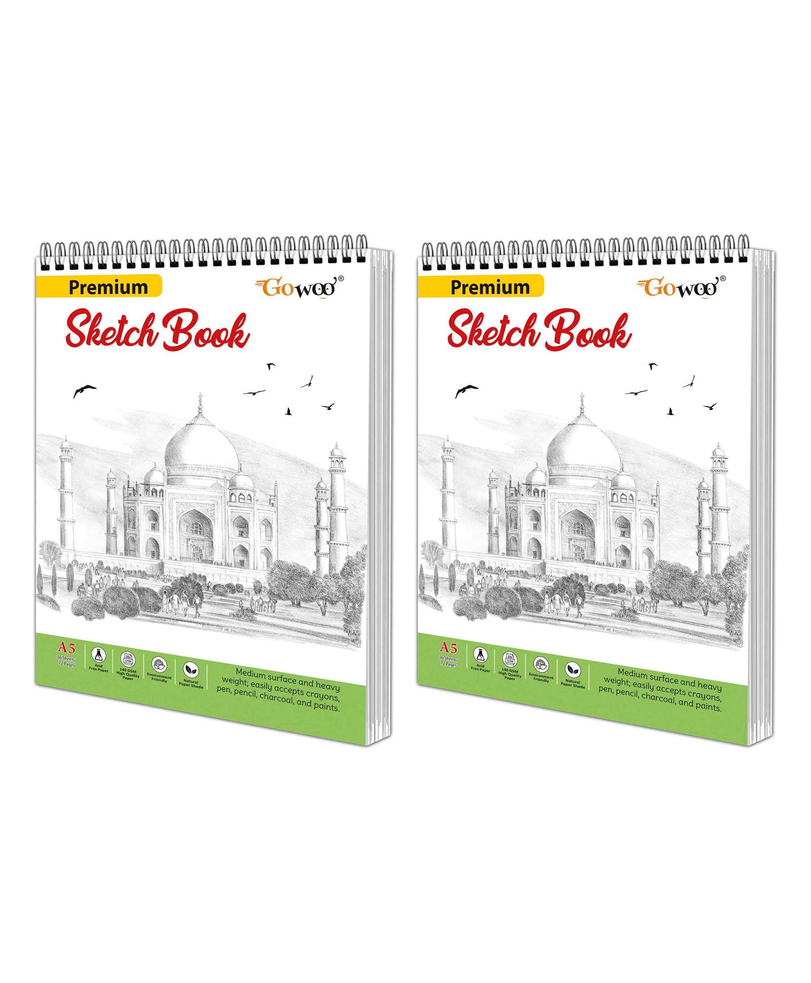 GO WOO A5 Premium Sketch Book : Set of 2 Top Spiral-Bound Sketchpads, 36 Sheet Sketchbook - 5.8 x 8.3 inches, 140 GSM Thick Paper For Drawing, Painting And Sketching-image-45