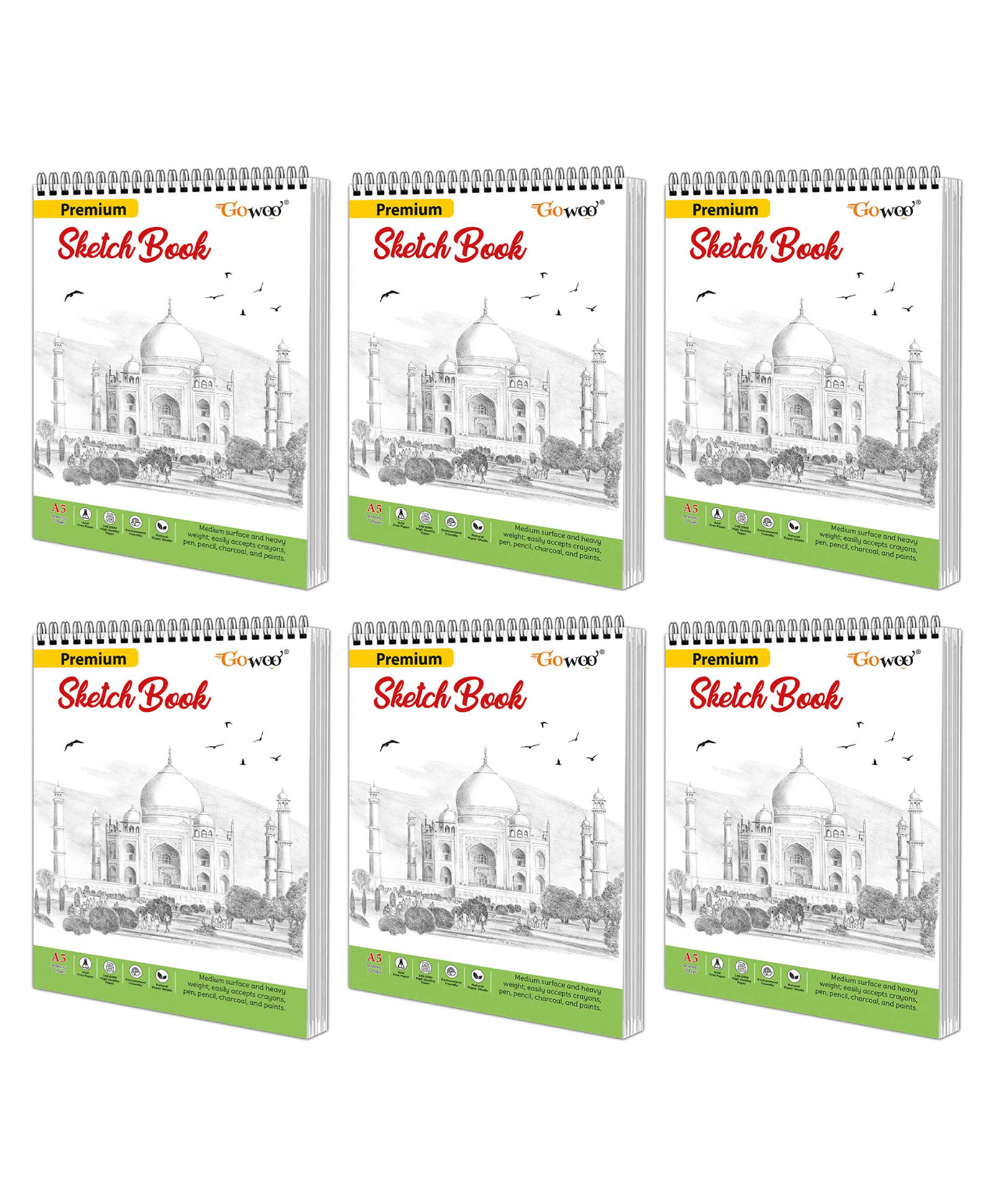 GO WOO A5 Premium Sketch Book : Set of 6 - Top Spiral-Bound Art Notebooks, 140 GSM Sketching and Drawing Acid Free Paper for Doodling-image-49