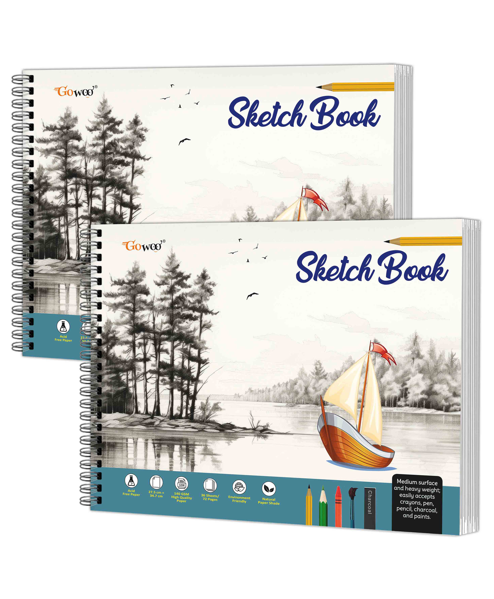 GO WOO Big Size Pemium Sketch Book : Spiral-bound art notebooks, Art colouring book (27.5 x 34.7 cm), 140 GSM Thick paper book for drawing and Sketching | Pack of 2 Sketch Books-image-31