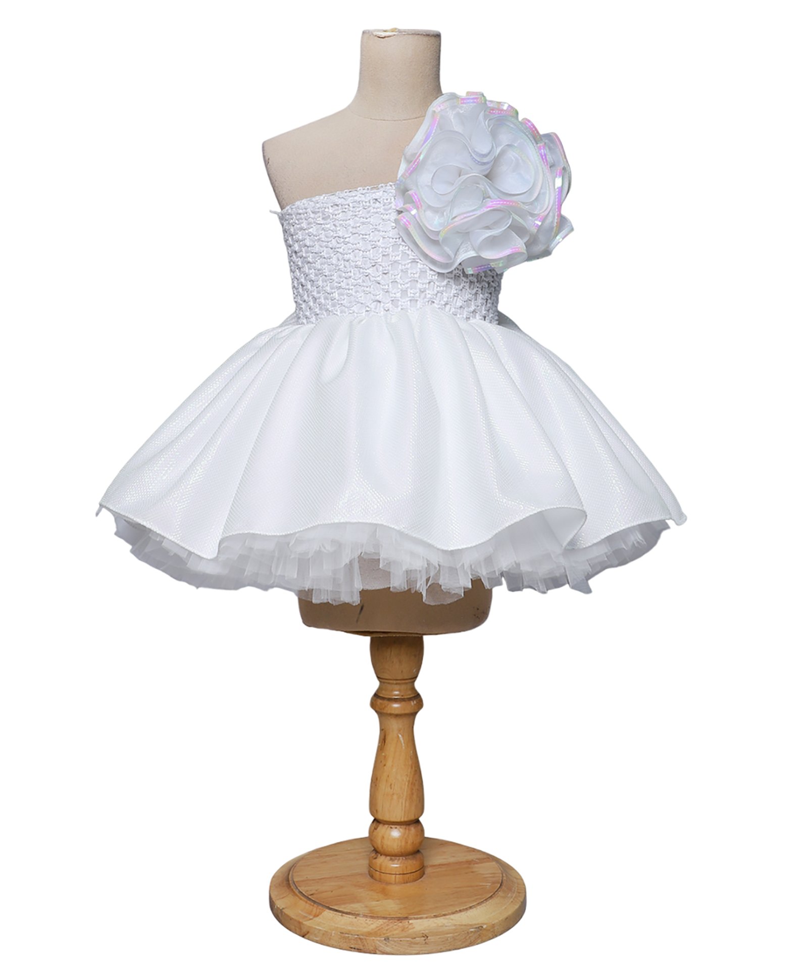 TINY MINY MEE One Shoulder Floral Applique & Smock Detailed Dress - White-picture-24