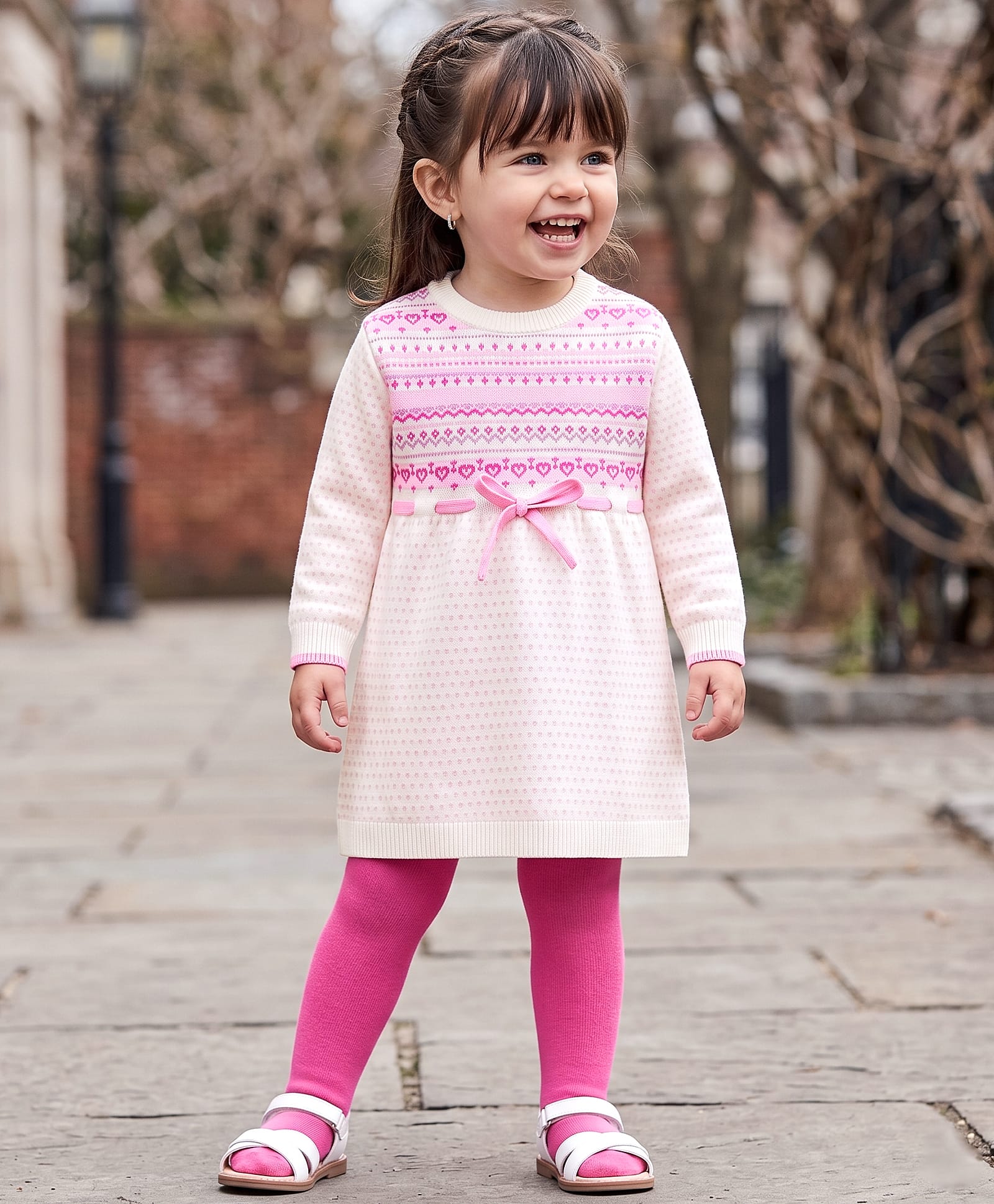 Babyoye Knit Solid Dyed Full Sleeves Sweater Set with Aztec Design - Dark Pink & White-image-32