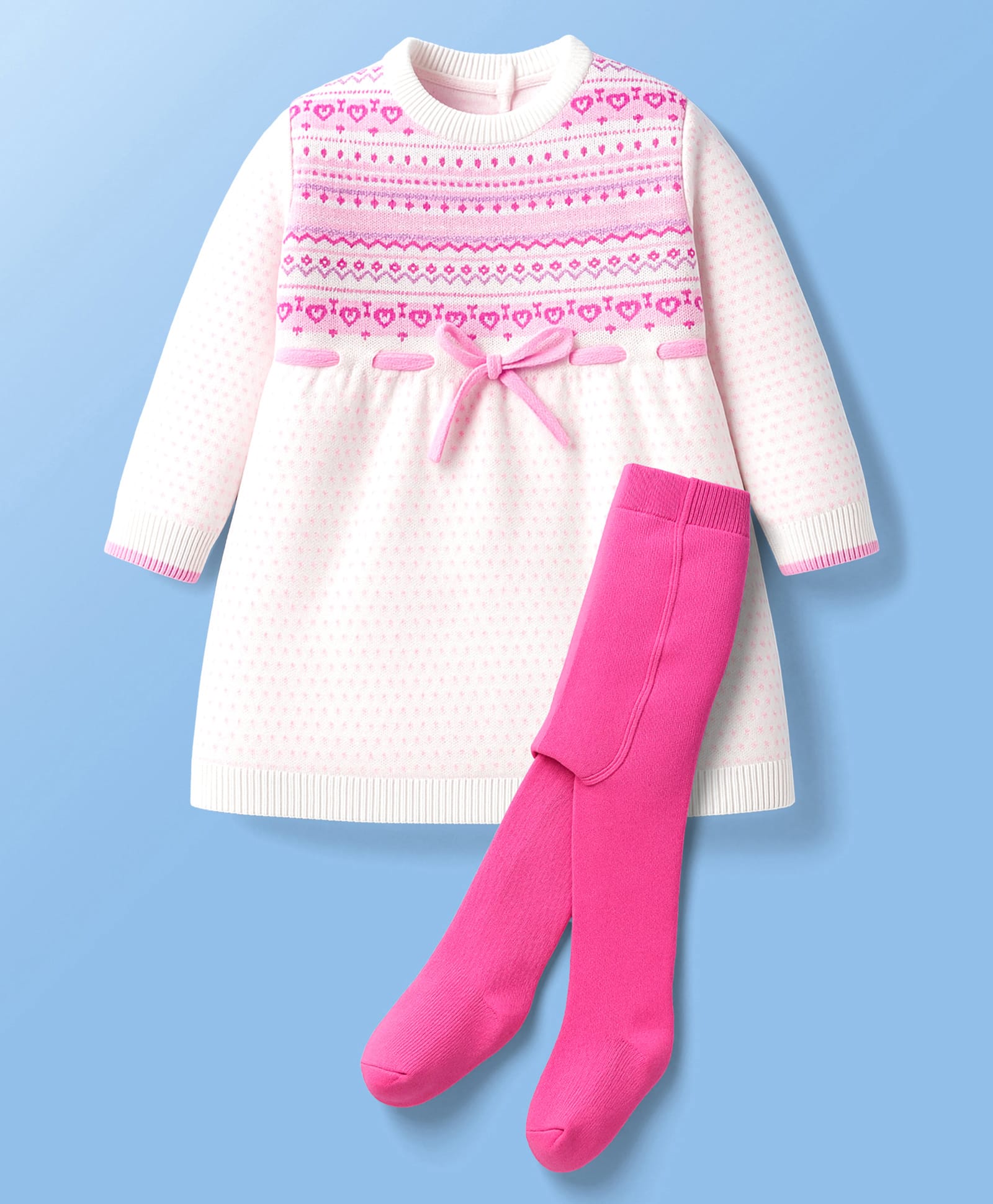 Babyoye Knit Solid Dyed Full Sleeves Sweater Set with Aztec Design - Dark Pink & White