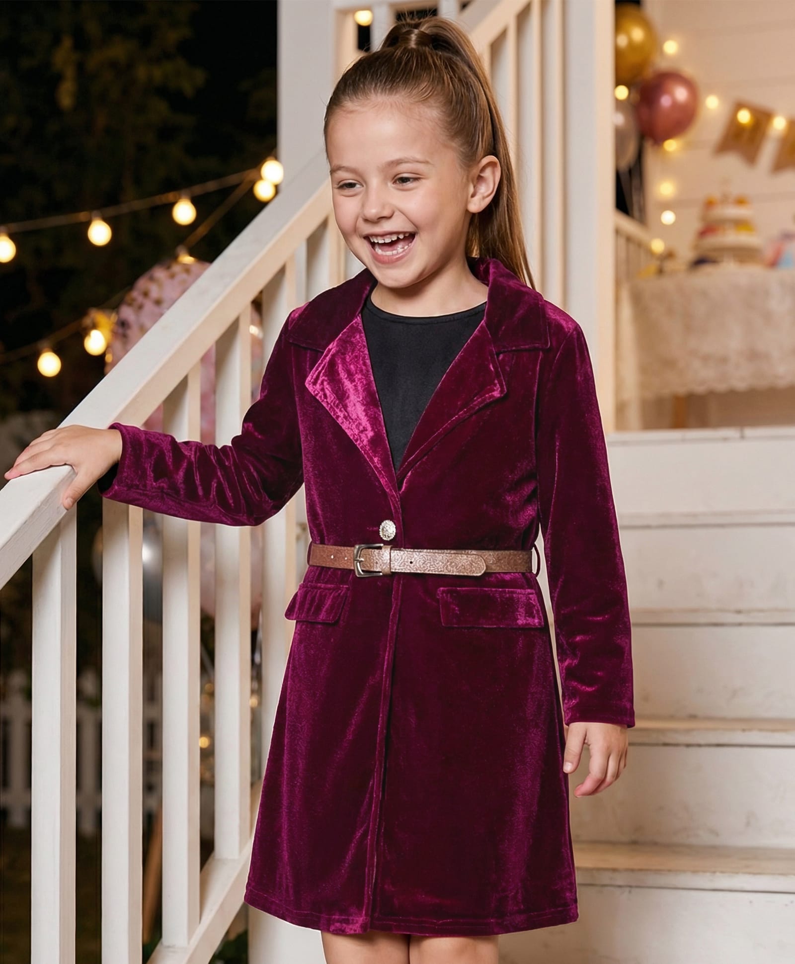 Hola Bonita Knit Full Sleeves Knee Length Velvet Long Jacket with Solid Colour A Line Dress - Wine-image-3