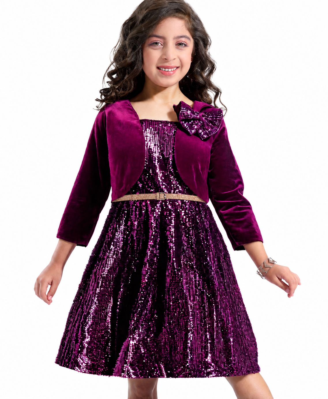 Hola Bonita Knit Full Sleeves Velvet Shrug & Knee Length Sequined A Line Party Dress with Bow Applique - Wine-image-18