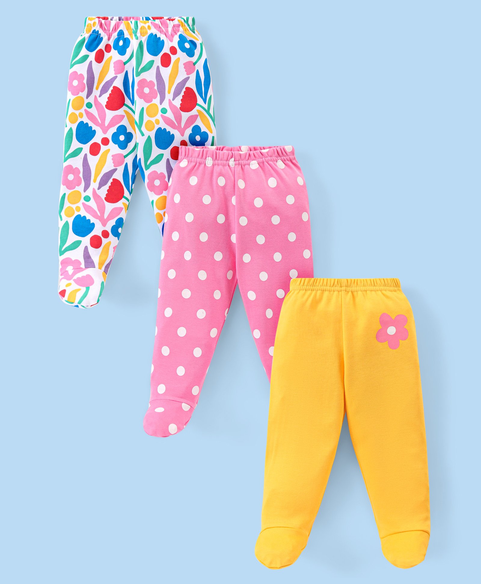 Babyhug  Cotton Knit Bootie Leggings with Floral Print Pack of 3 - Pink Yellow & White-image-20