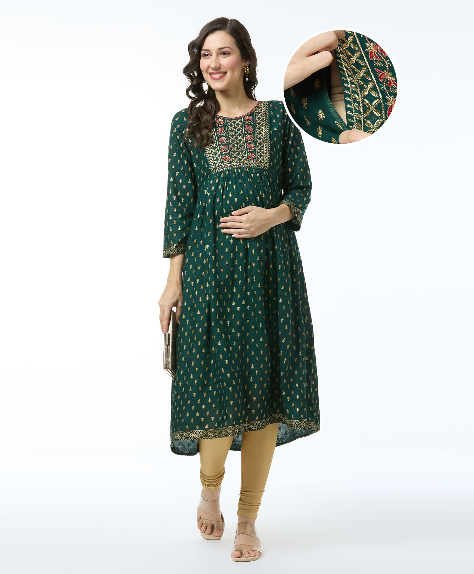 Bella Mama Woven  Three Fourth Sleeves Maternity Kurta With Pocket Kolka Print- Dark Green-image-36