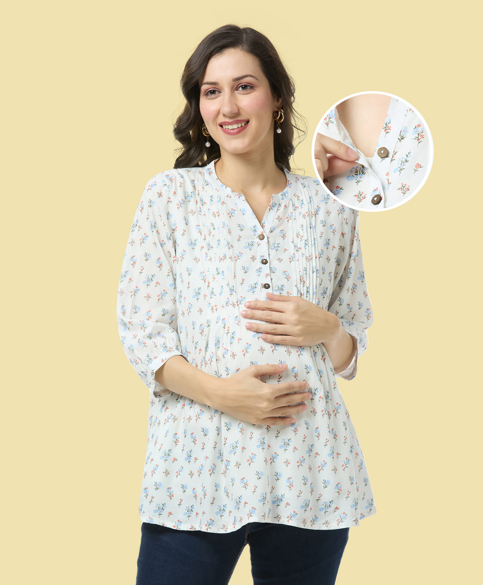 Bella Mama Woven Three Fourth Sleeves Front Open Maternity Top With Floral Print & Pintucks Design - White