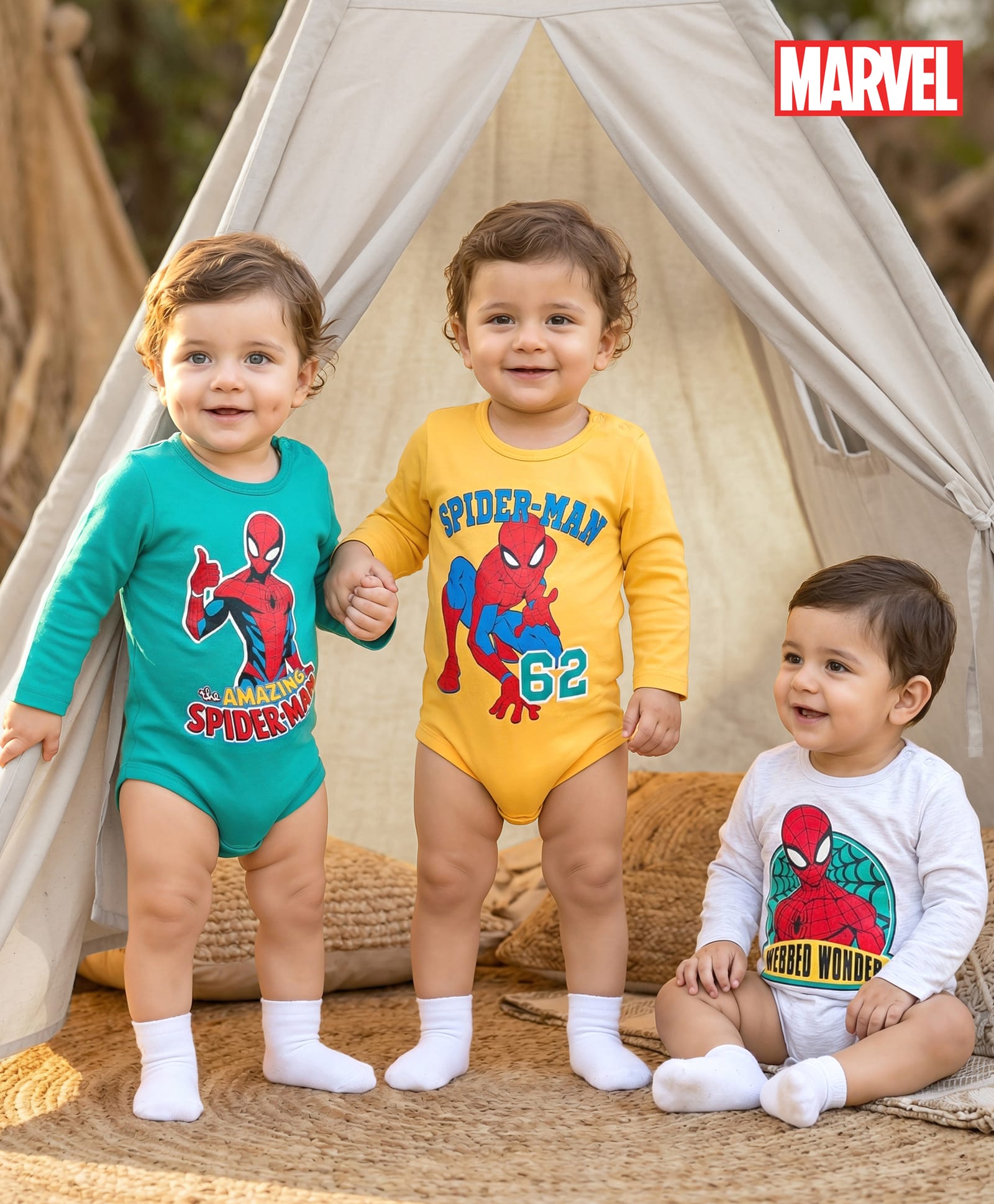 Babyhug Marvel Interlock Knit Full Sleeves Spider Man Printed Onesies Pack of 3 - Yellow Blue & White-picture-14
