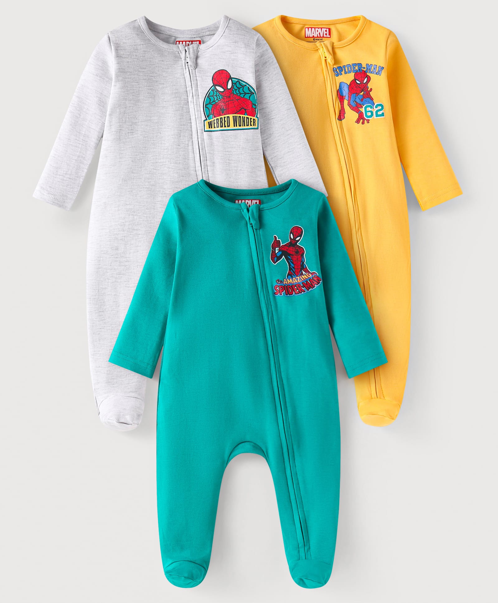 Babyhug Marvel Full Sleeves Sleep Suits with Spiderman Graphics Pack of 3 - Yellow Mint Green & White-image-15