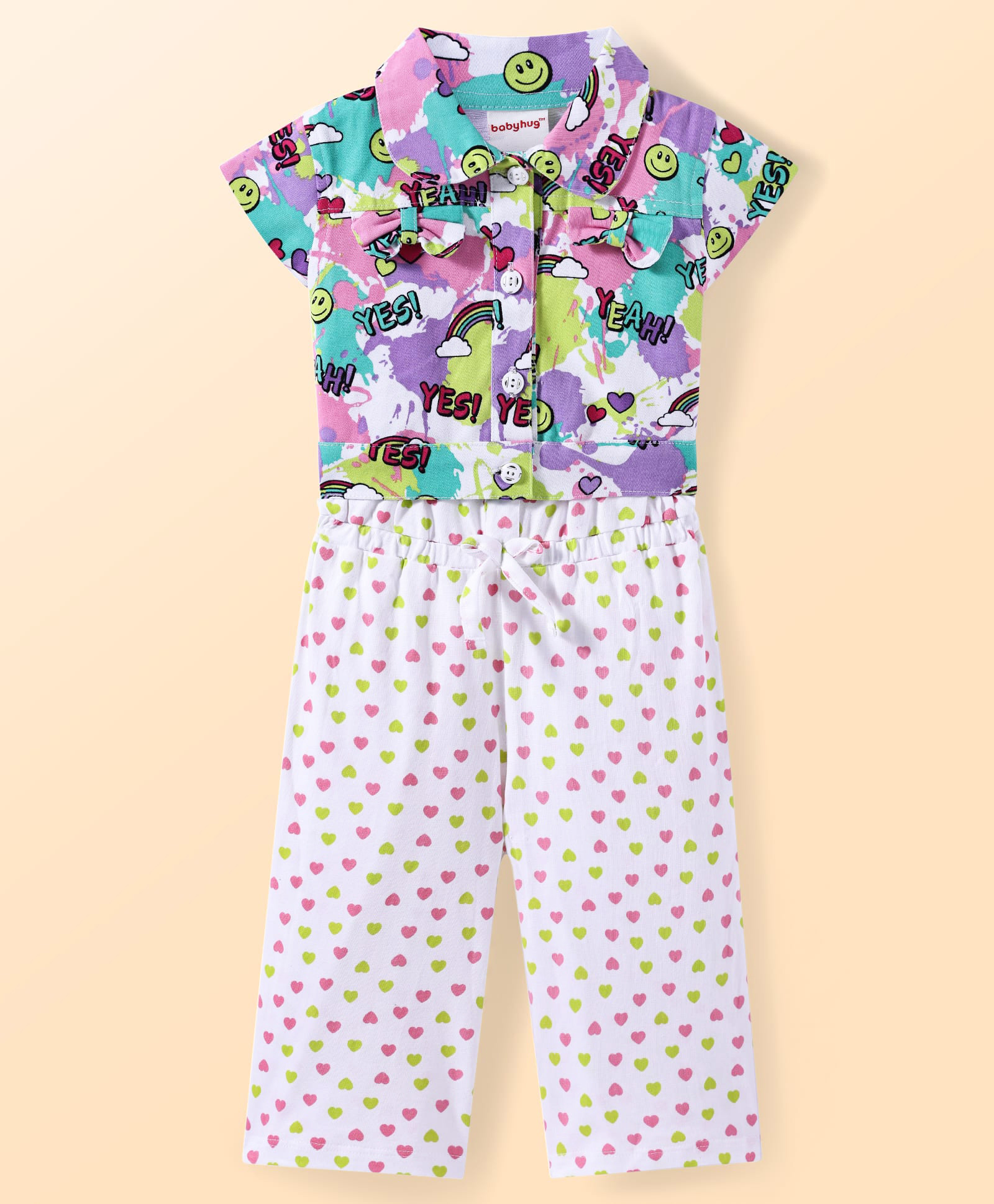 Babyhug Single Jersey Knit Half Sleeves Shirt & Jumpsuit With Text & Heart Print - White-image-13