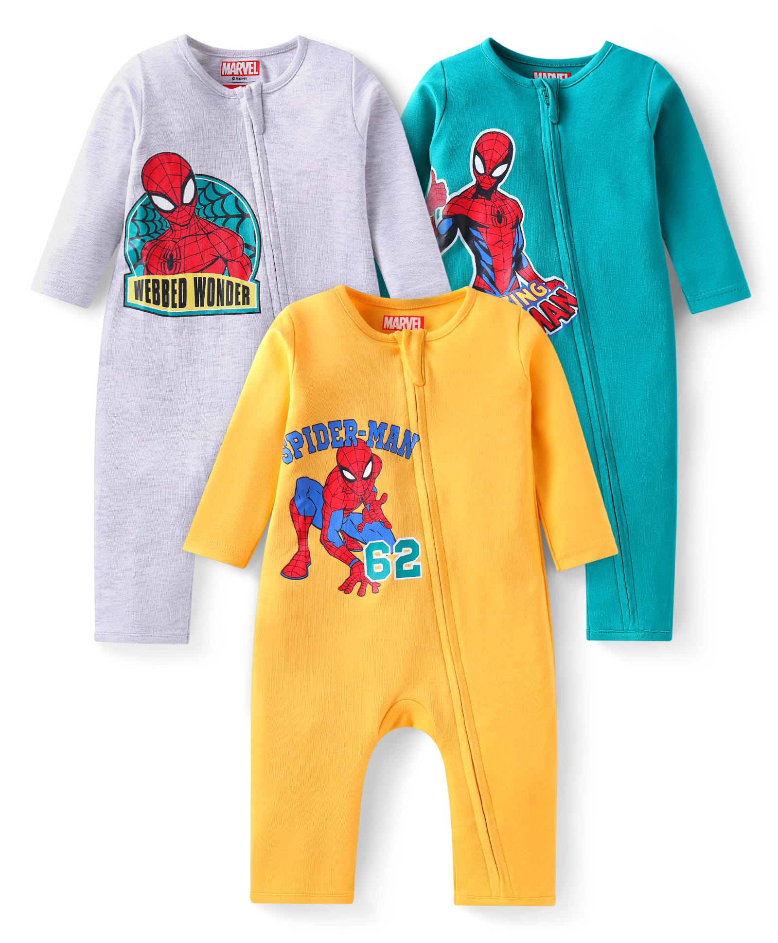 Babyhug Marvel Interlock Knit Full Sleeves Rompers With Spiderman Graphics Pack of 3 - Yellow Blue & Grey