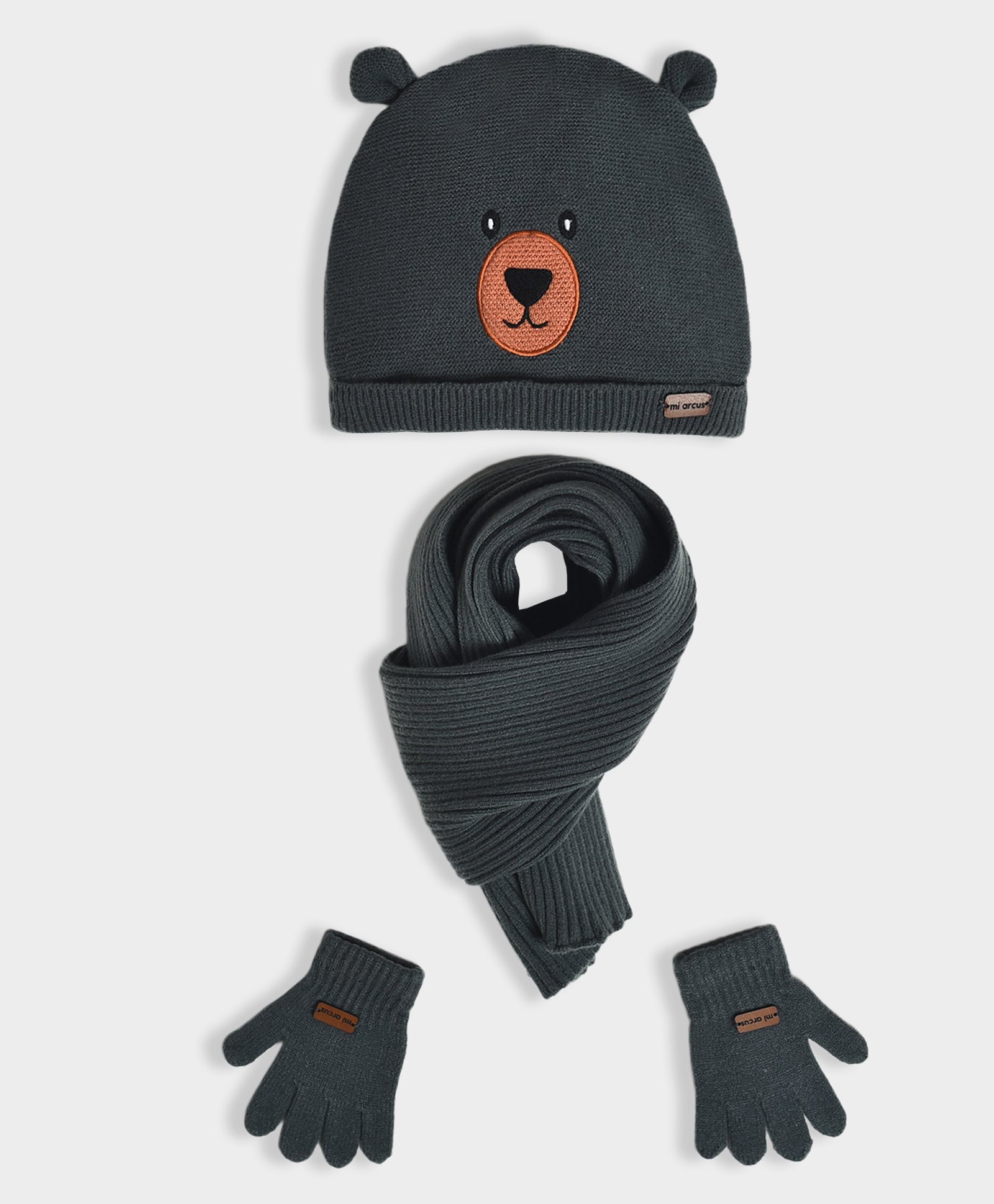 Mi Arcus Bear Face Detailed Cap With Coordinating Gloves & Muffler Set - Grey-image-40