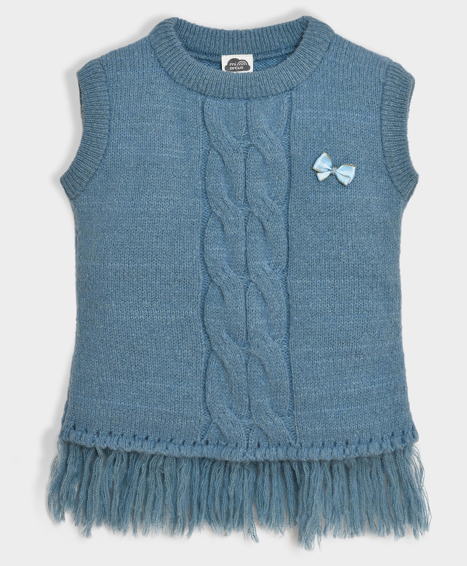 Mi Arcus Sleeveless Cable Knit Designed Sweater With Bow Applique - Blue-image-4