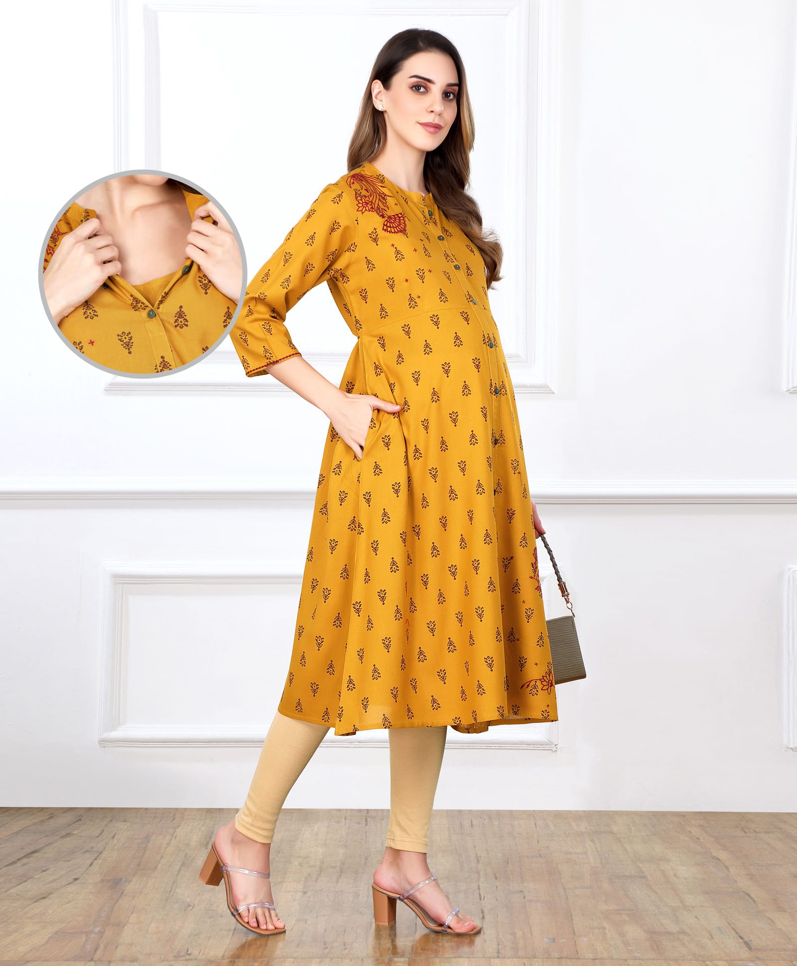 Bella Mama Woven Three Fourth Sleeves Maternity Kurta with Floral Print Embroidery& Pocket - Yellow-image-4