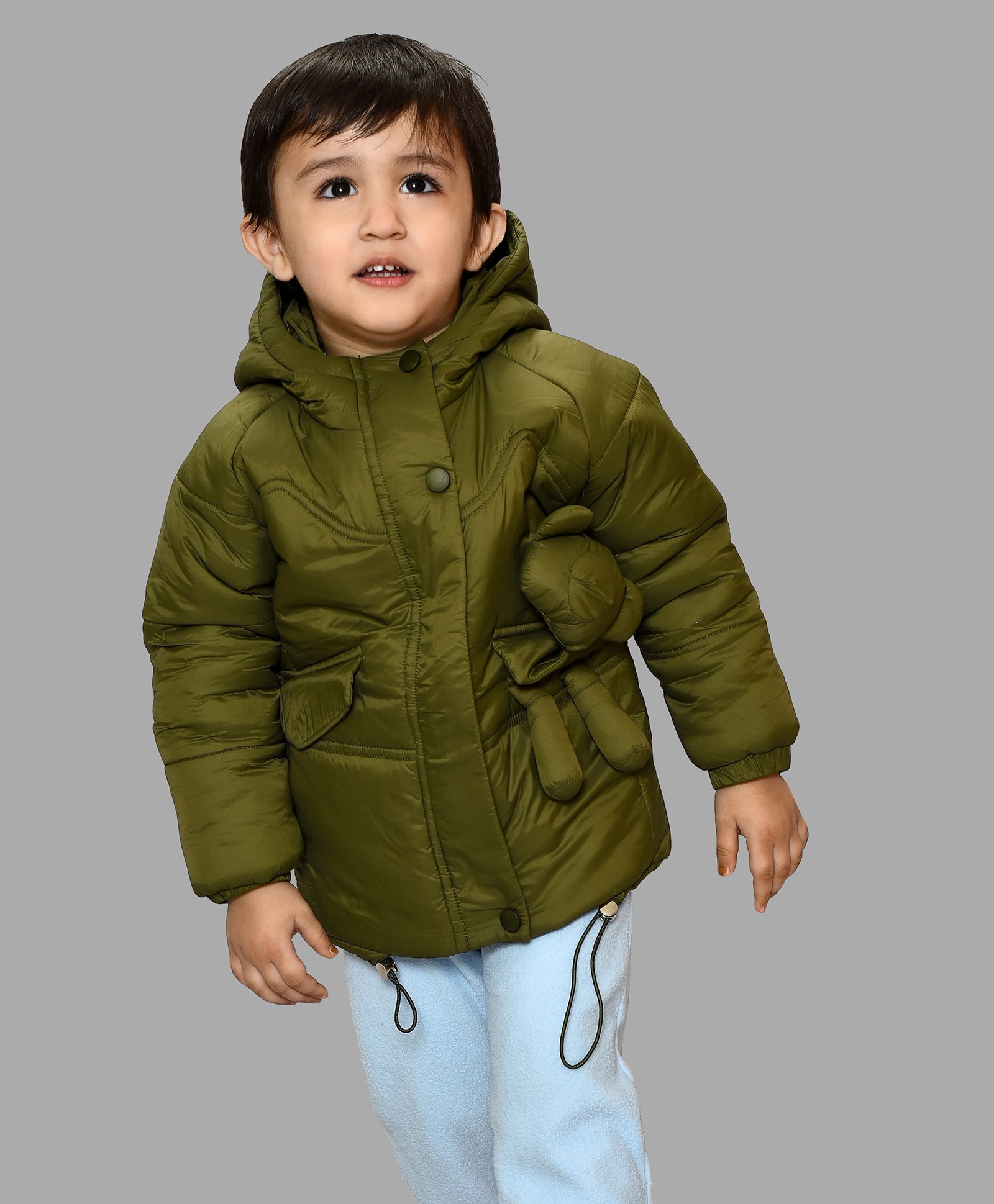 Mi Arcus Full Sleeves Bear Applique Detailed Hooded Jacket - Olive Green-picture-10