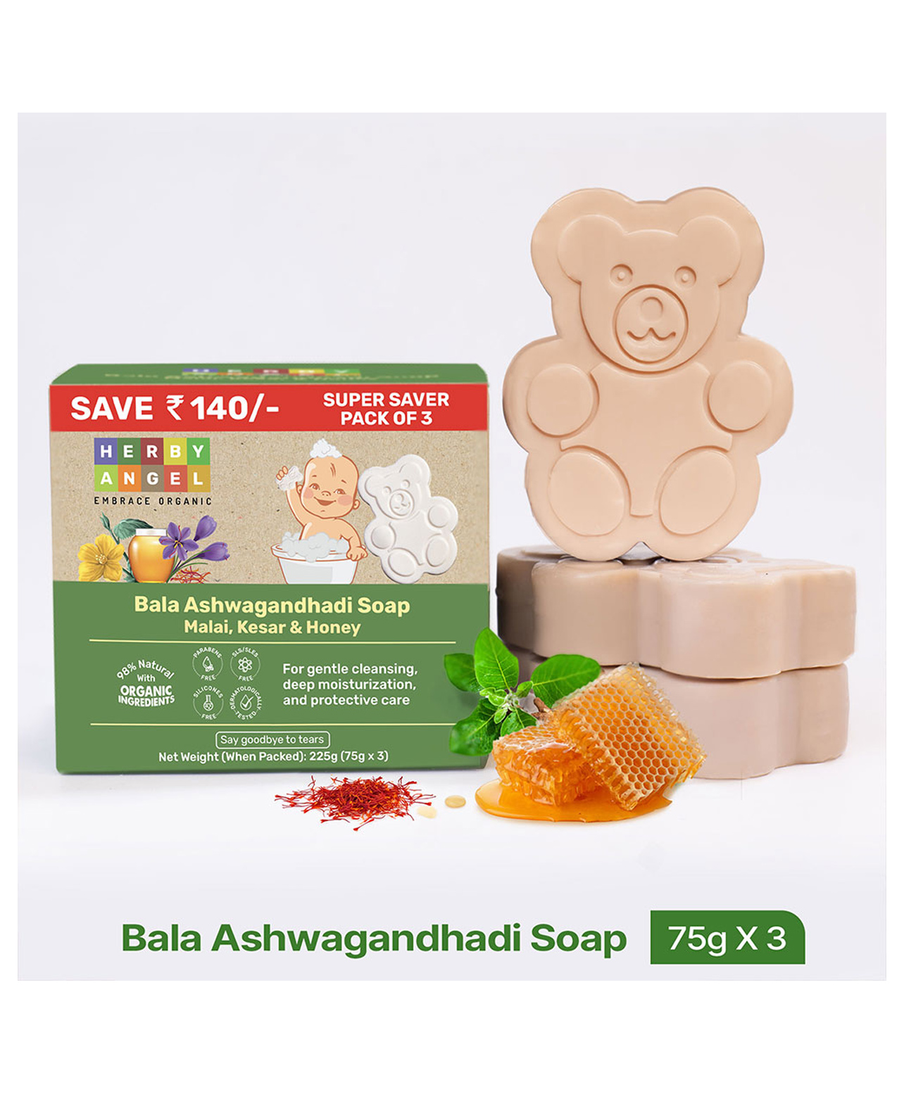Herby Angel Natural Soap for Babies & kids with Tear-Free Formula Pack of 3  75g each-picture-24
