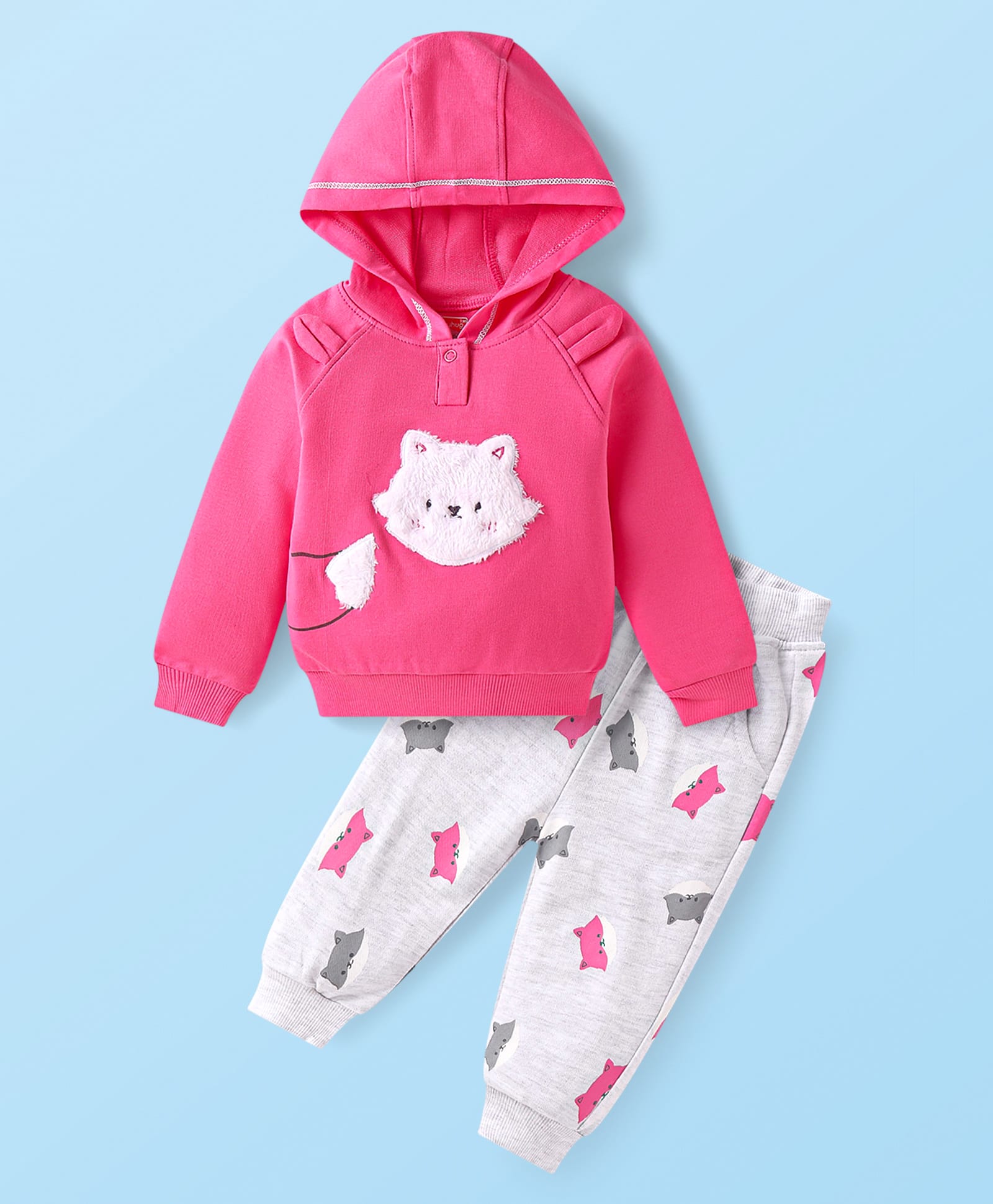 Babyhug Terry Knit Full Raglan Sleeves Hooded Sweatshirt & Lounge Pant Set With Cat Print & Patch - Dark Pink & White-picture-35