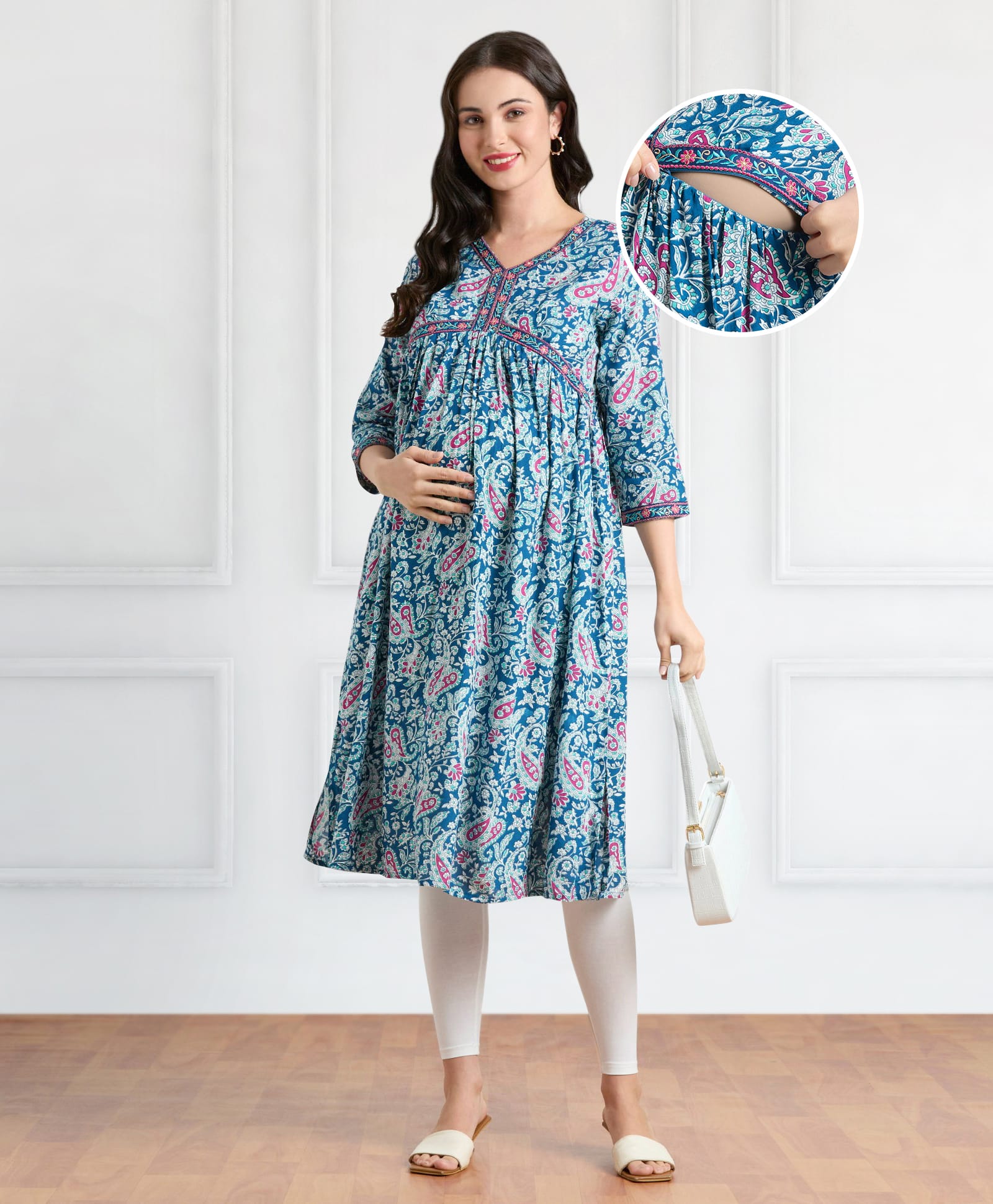 Bella Mama Woven Three Fourth Sleeves Floral Printed Kurta With Highlighted Placket & Pocket - Blue-picture-18
