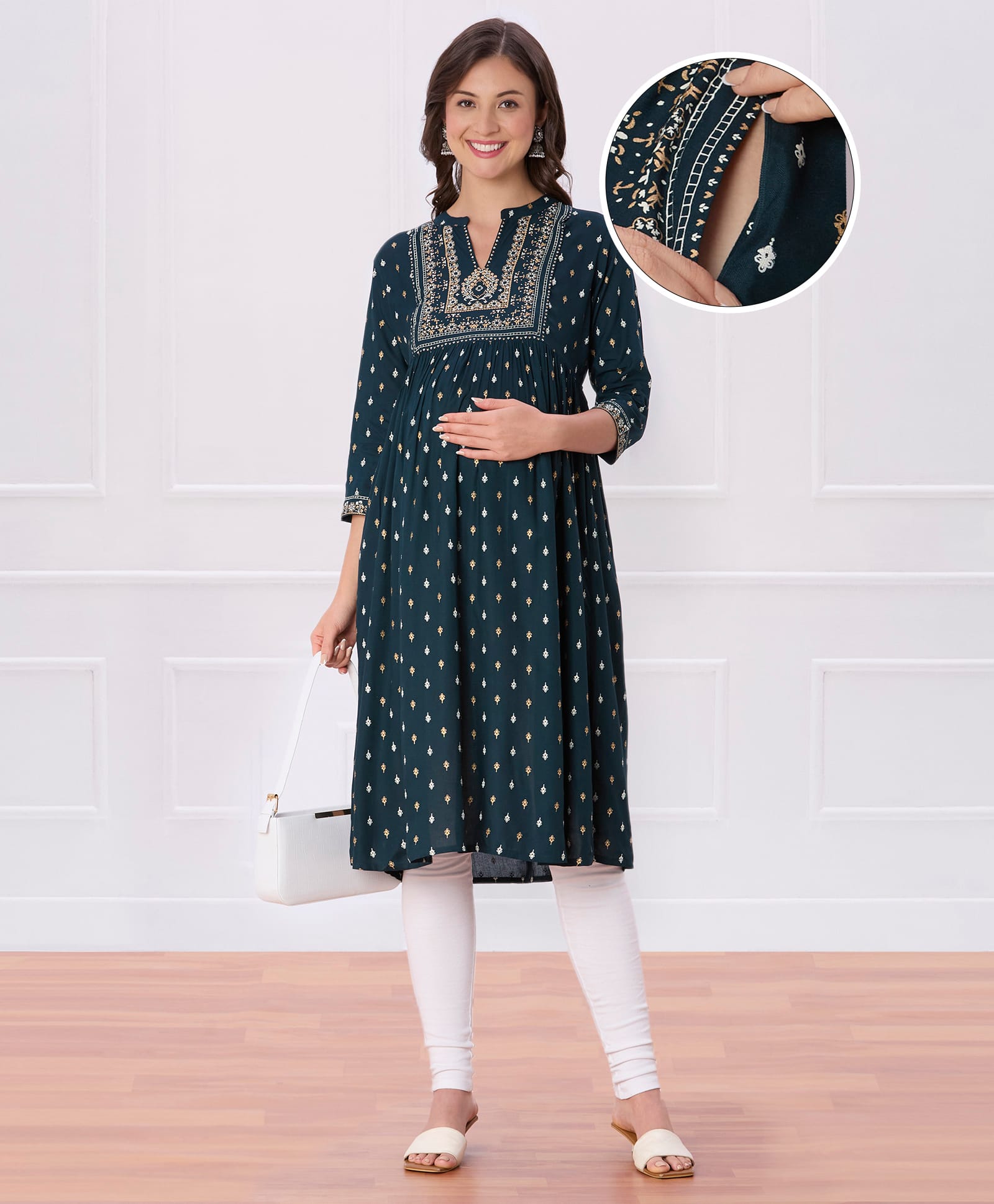 Bella Mama Woven Three Fourth Sleeves Gold Printed Highlighted Yoke Maternity Kurta with Pocket - Teal Blue-image-27