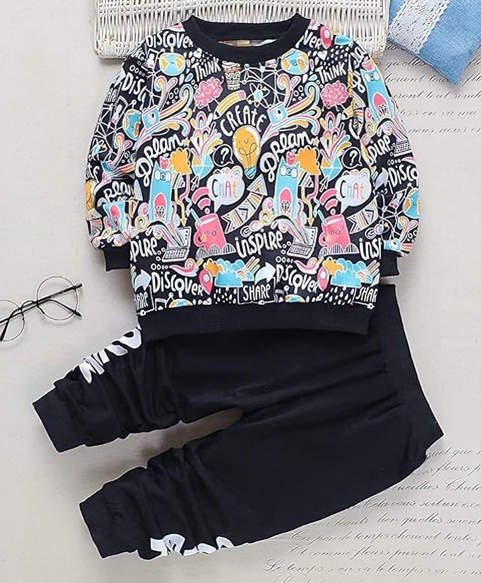 Googo Gaaga Cotton Full Sleeves Text Printed Sweatshirt With Joggers Set - Black-image-44