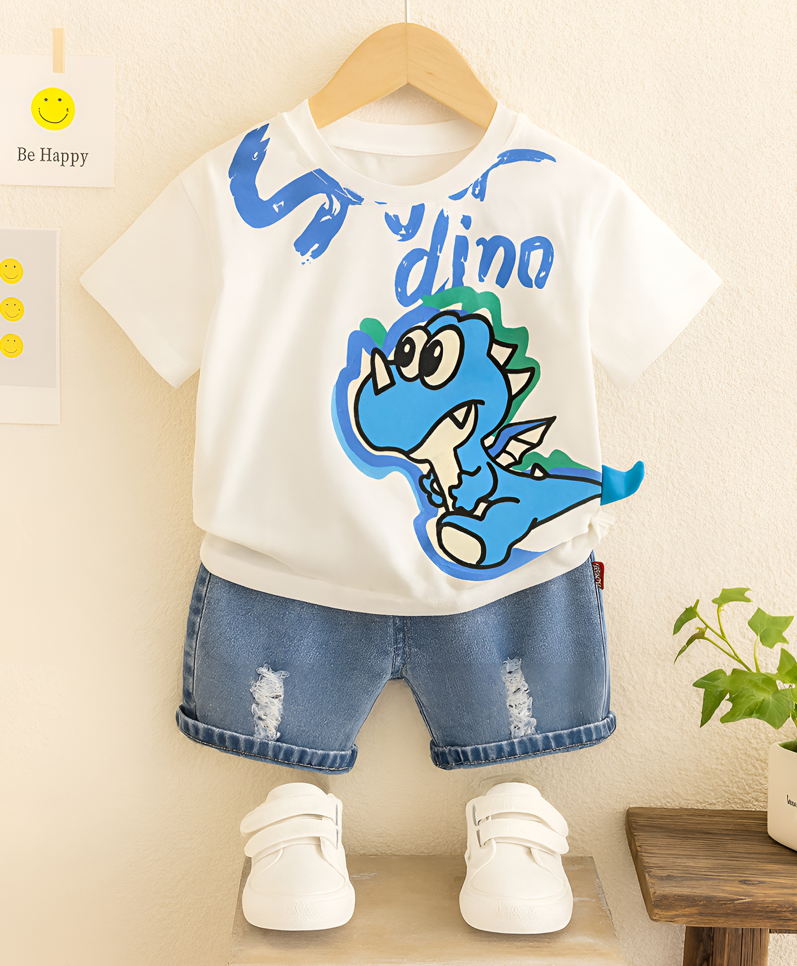 Googo Gaaga Cotton Half Sleeves Dinosaur Printed Tee With Denim Distressed Shorts Set - White-image-11