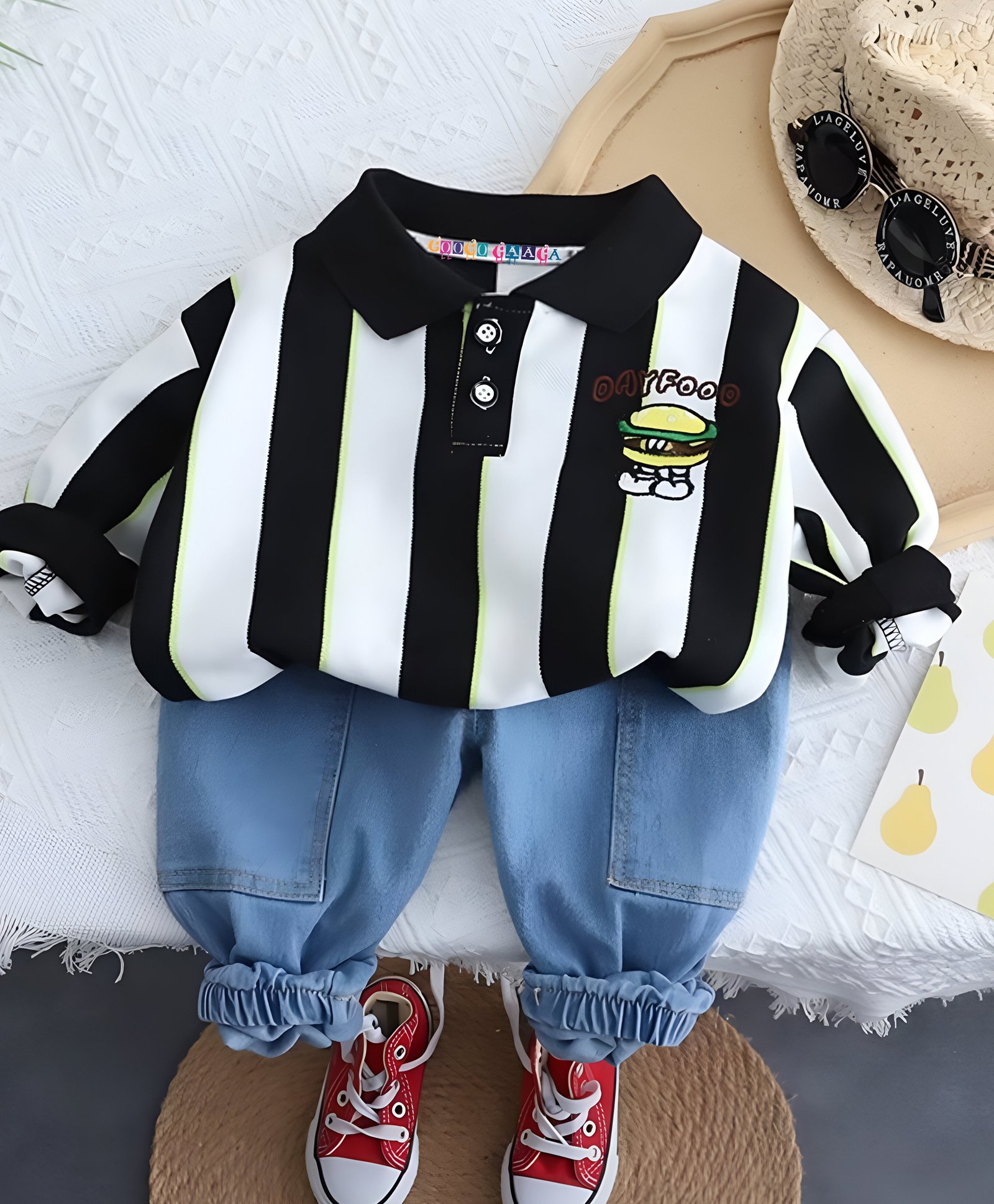 Googo Gaaga Cotton Full Sleeves Striped Sweatshirt & Trousers Set - Black-image-32